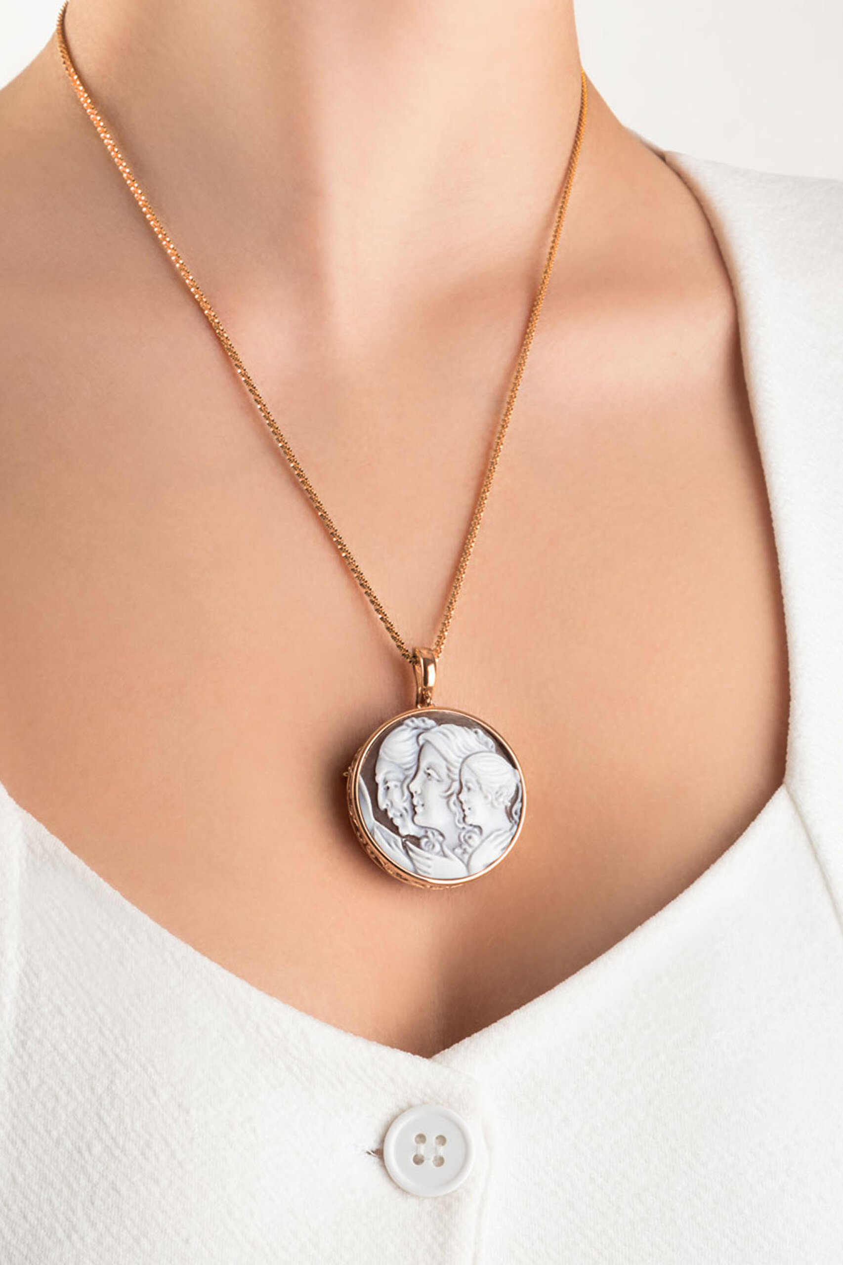 ⁠ Cameo Italiano 18 Ayar Rose Altın Kaplama 50 Cm Gümüş Broş Ve Kolye_1}