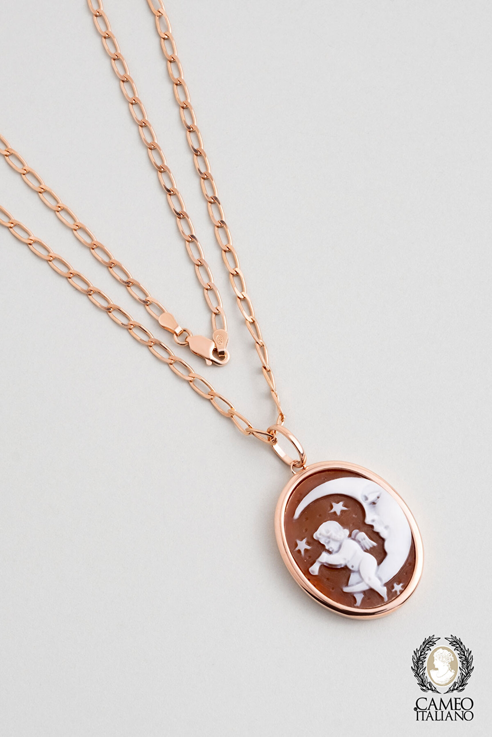 ⁠ Cameo Italiano Ay ve Melek 18 Ayar Rose Altın Kaplama 49 Cm Gümüş Madalyon Kolye_0}