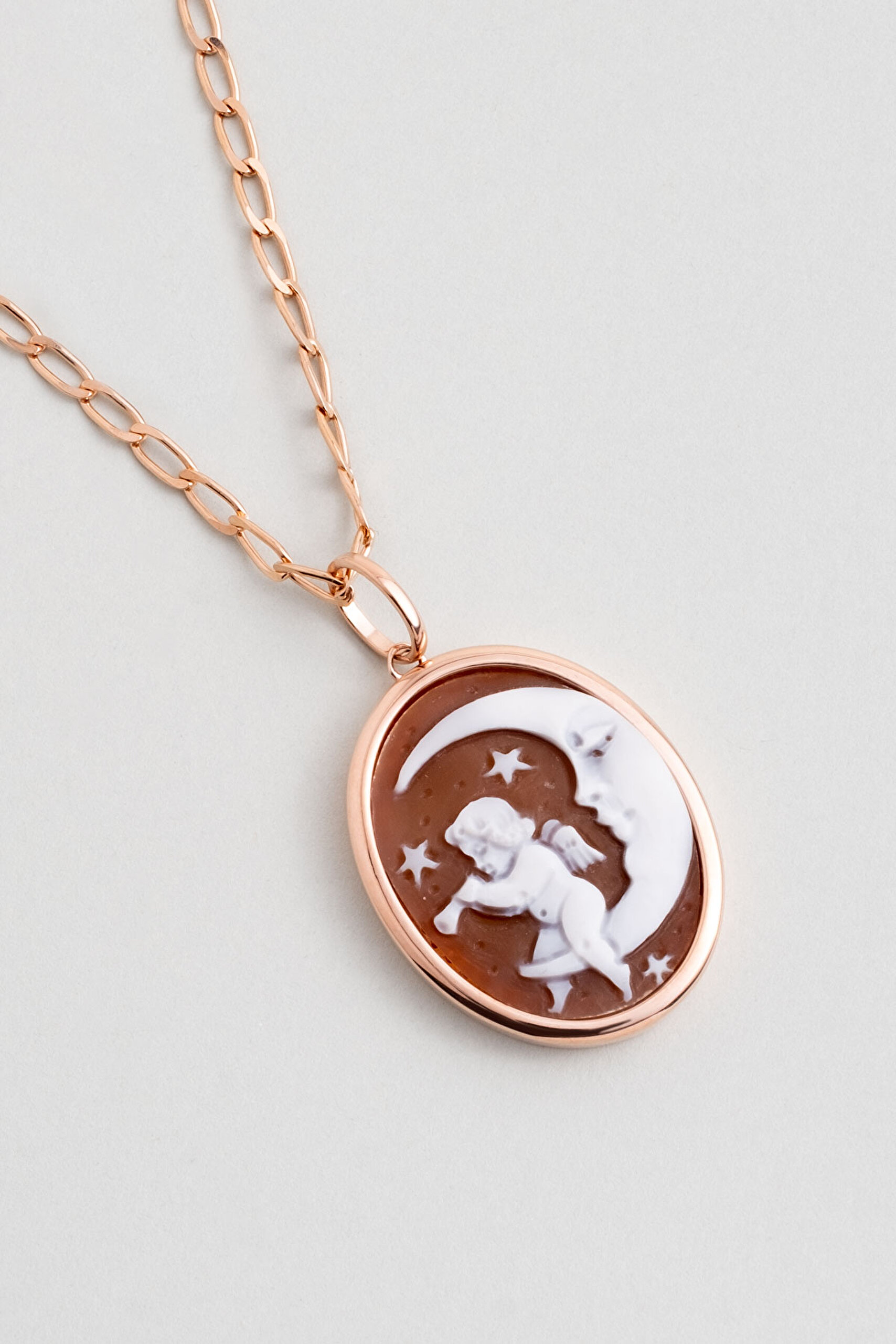 ⁠ Cameo Italiano Ay ve Melek 18 Ayar Rose Altın Kaplama 49 Cm Gümüş Madalyon Kolye_1}