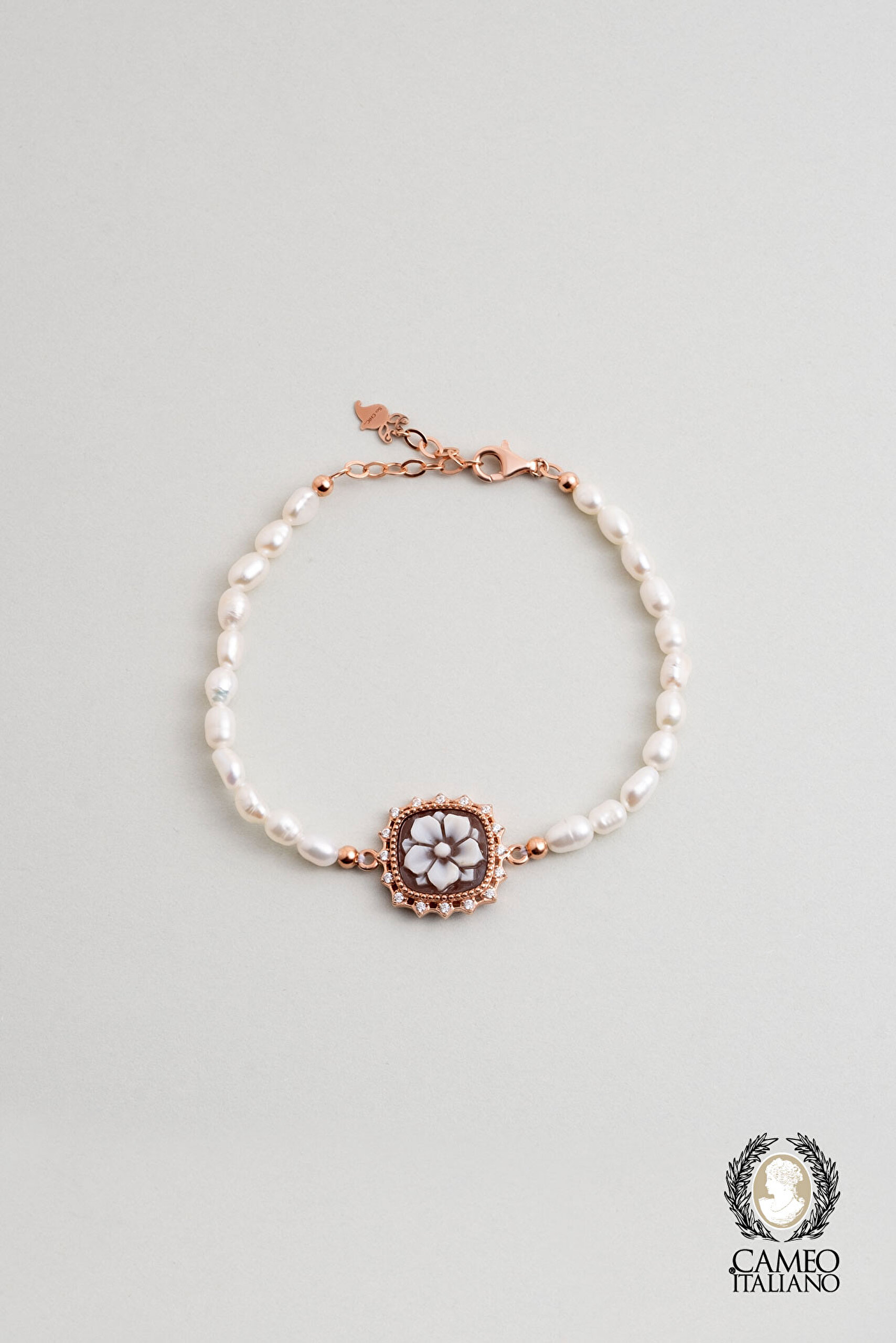 ⁠ Cameo Italiano Güz Çiçeği 18 Ayar Rose Altın Kaplama 20 Cm Gümüş İnci Bileklik_0}