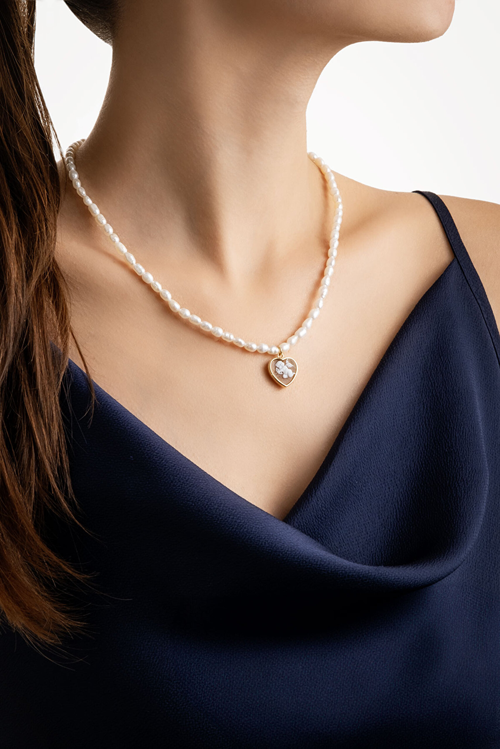 ⁠ Cameo Italiano 18 Ayar Sarı Altın Kaplama 47 Cm Gümüş İnci Kolye_2}
