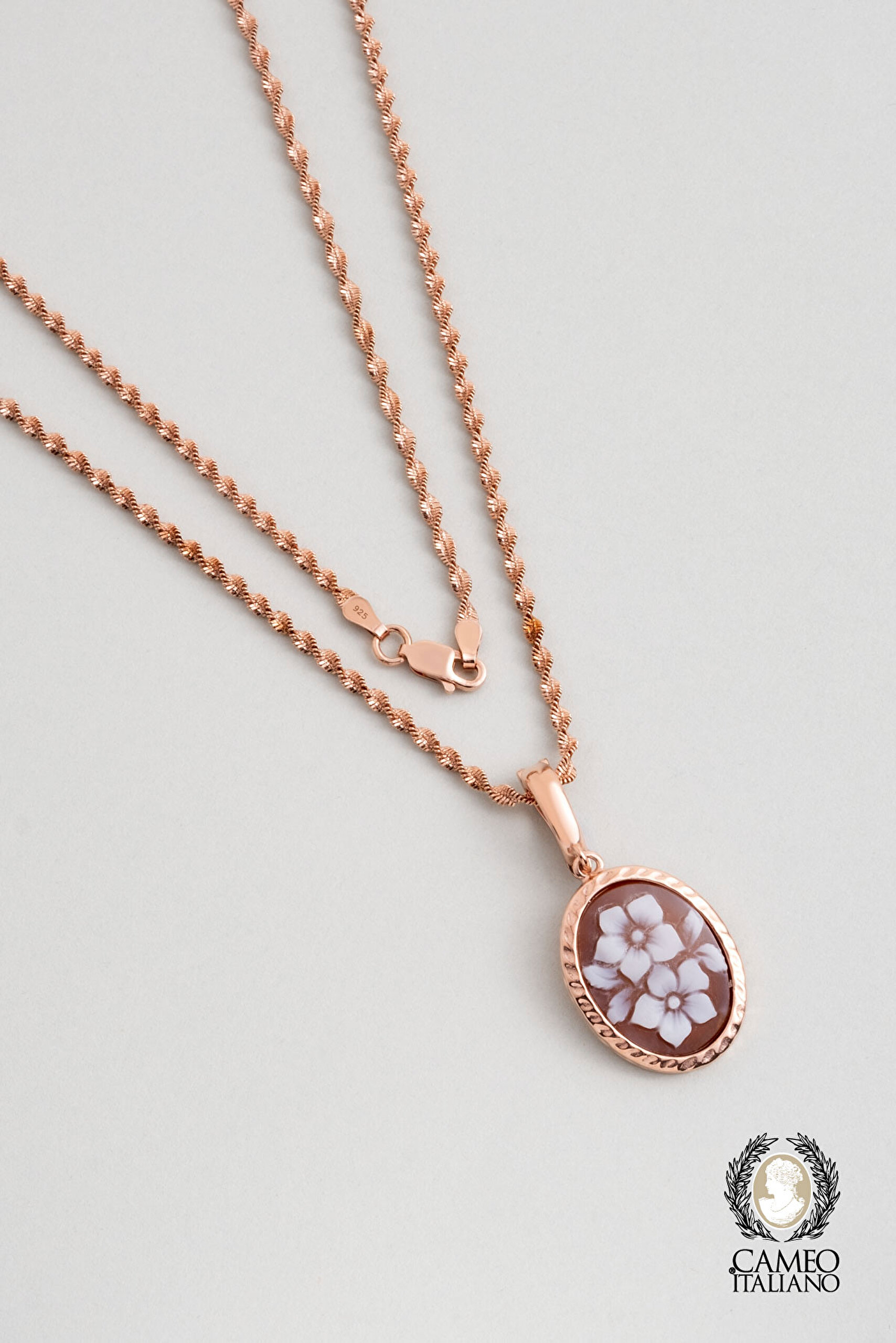 ⁠ Cameo Italiano 18 Ayar Rose Altın Kaplama 45 Cm Gümüş Çiçek Kolye_0}