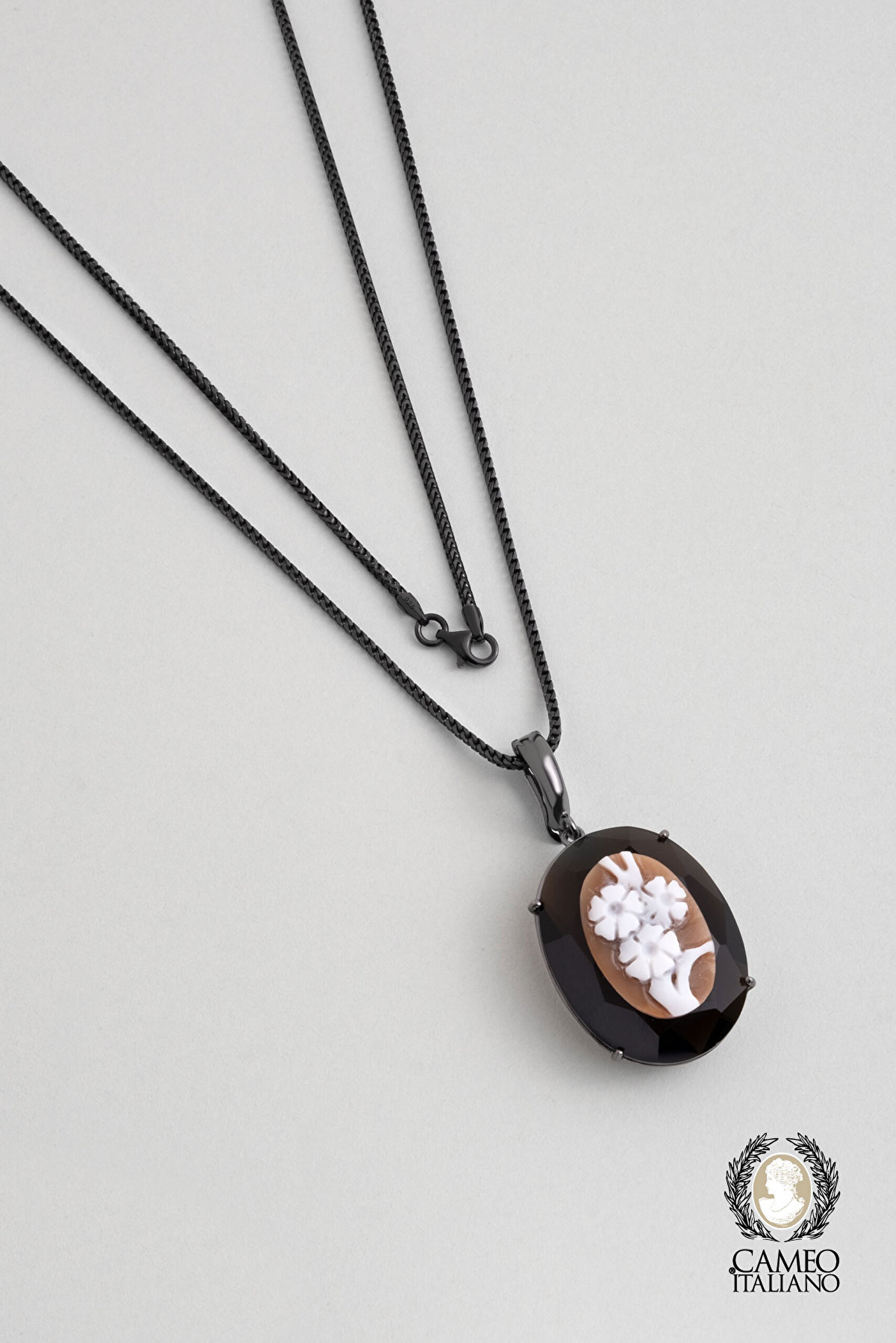 ⁠ Cameo Italiano Işıltılı Gece Siyah Rodyum Kaplama 50 Cm Gümüş Kolye_0}
