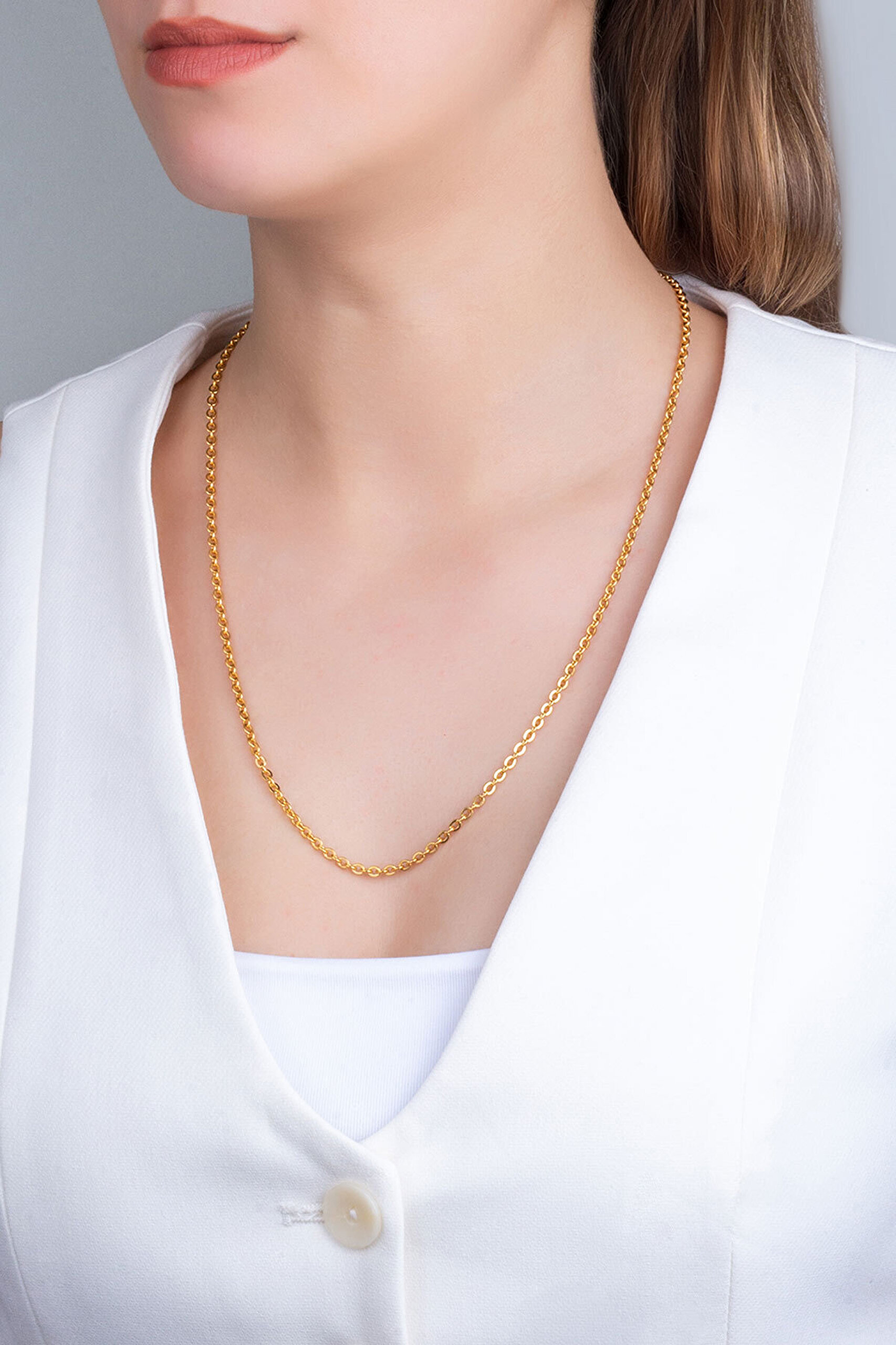 Zamansız Halka Zincir Sarı Kaplama Çelik Unisex Kolye - 6