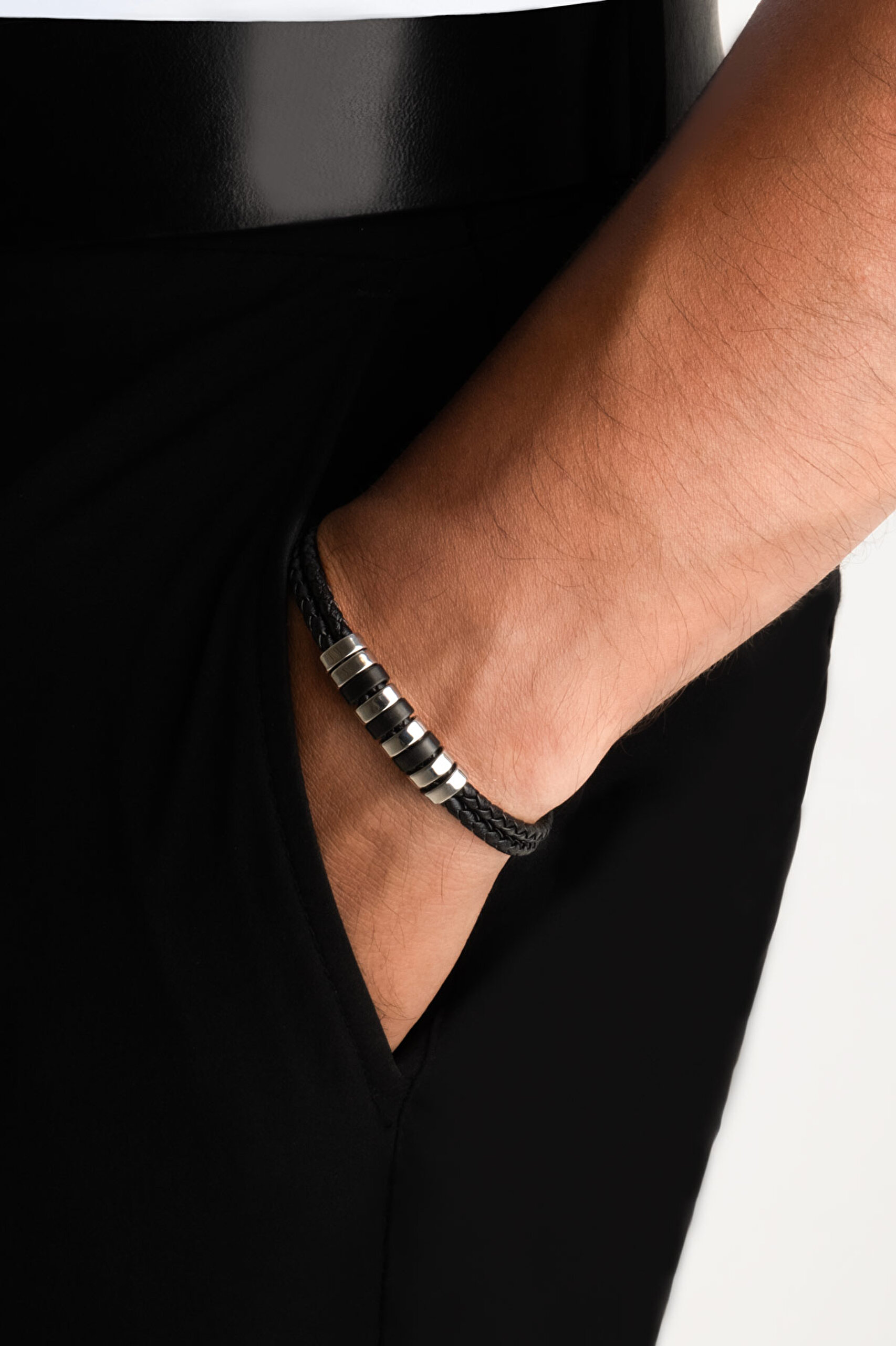 ⁠ Çift Örgülü Vegan Deri Çelik Erkek Bileklik_1}