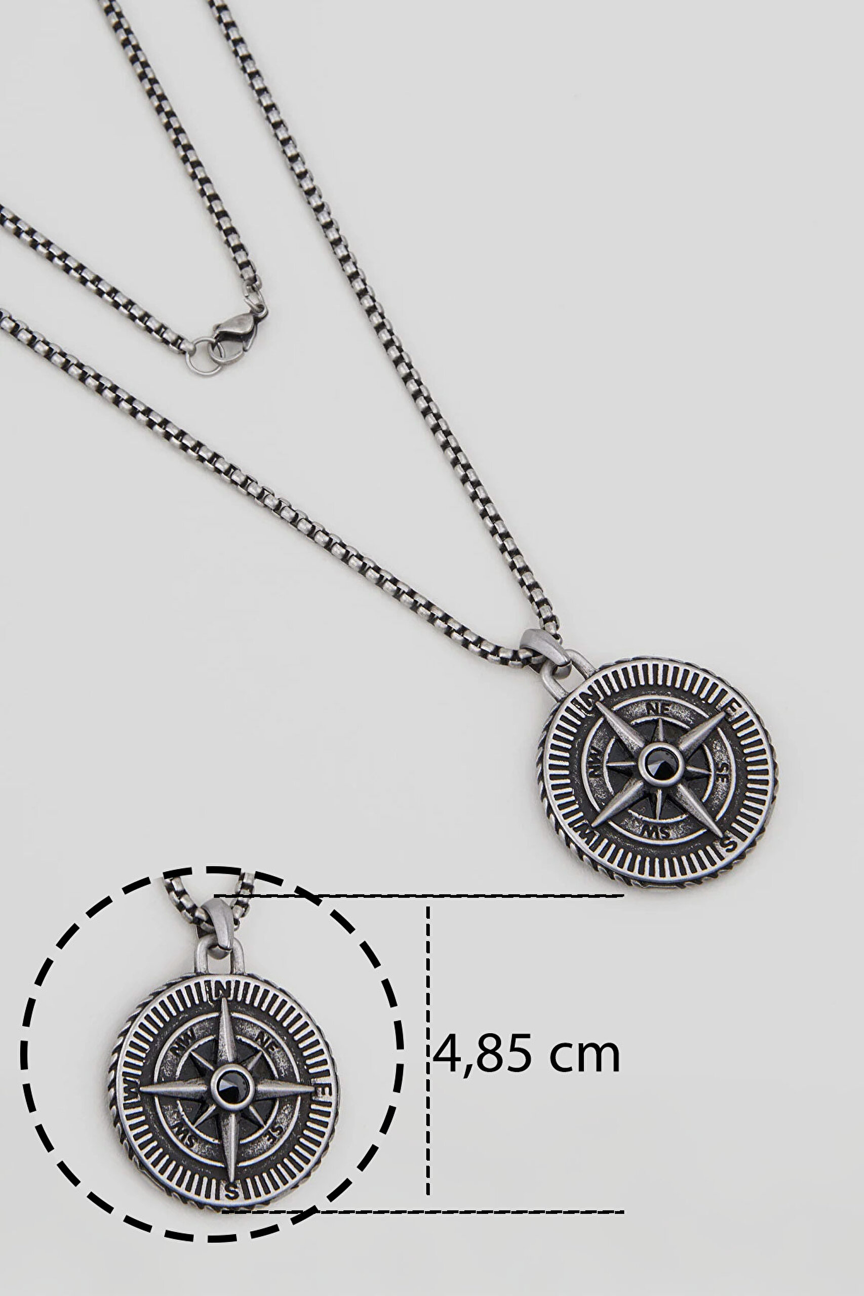 ⁠ Pusula Figürlü Taş Detaylı Çelik Erkek Kolye_2}