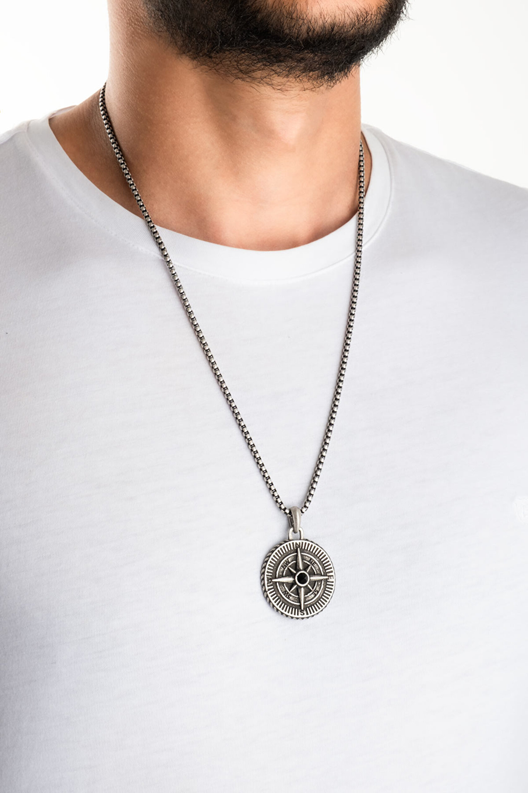 ⁠ Pusula Figürlü Taş Detaylı Çelik Erkek Kolye_3}