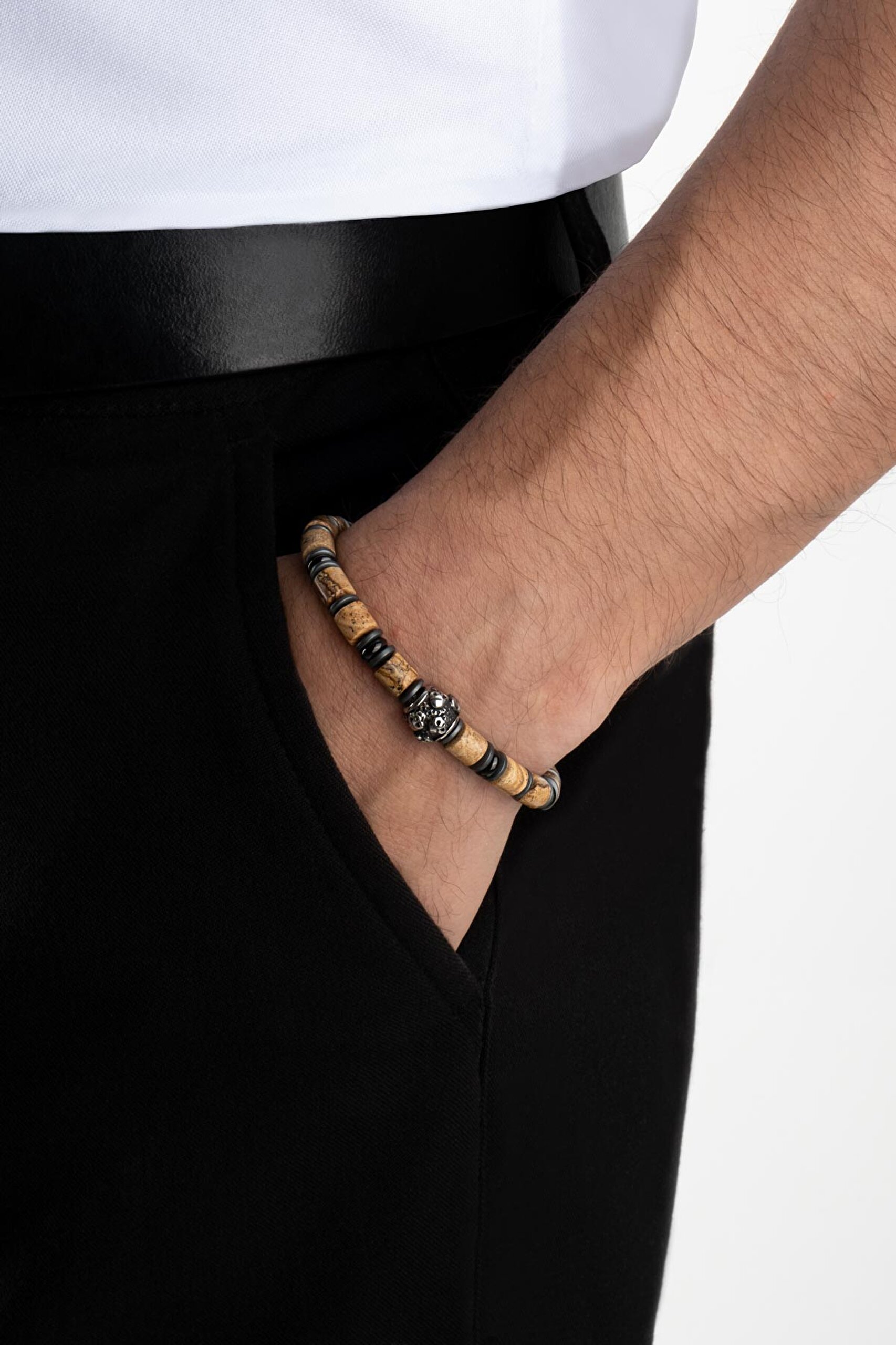 ⁠ Jasper Taşlı Kuru Kafa Detaylı 21 Cm Çelik Erkek Bileklik_2}