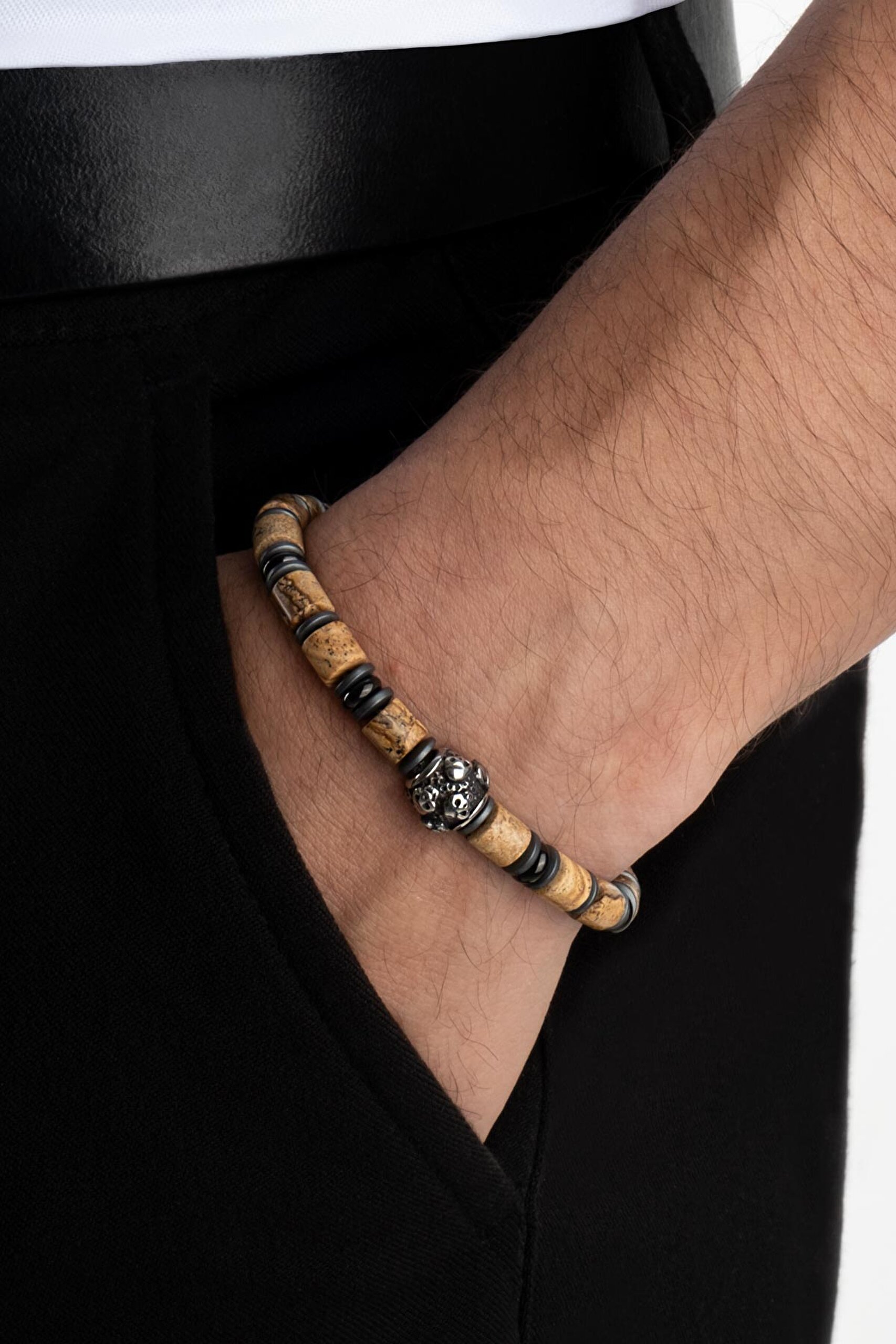 ⁠ Jasper Taşlı Kuru Kafa Detaylı 21 Cm Çelik Erkek Bileklik_3}