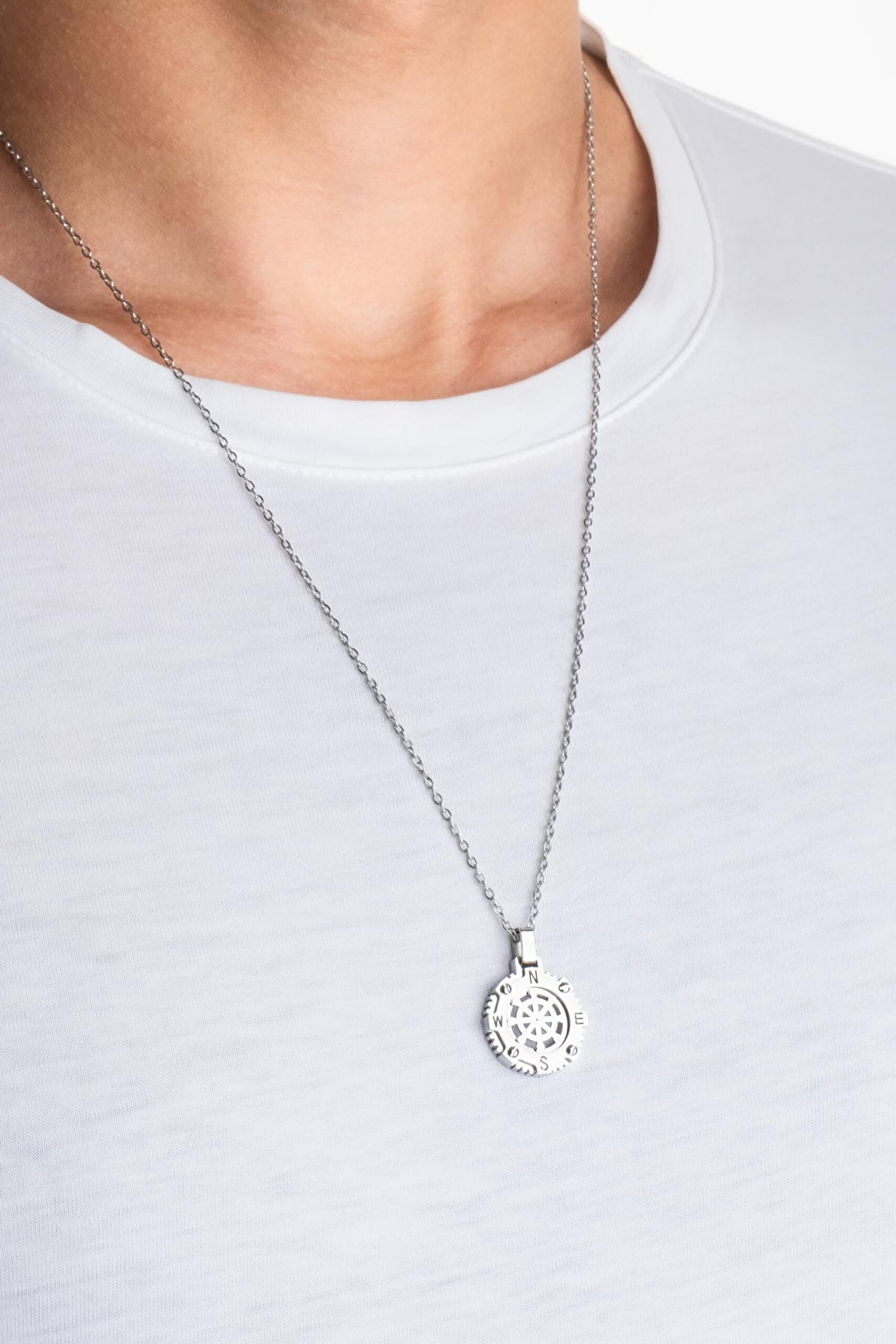 ⁠ Metalik Pusula 63 Cm Çelik Erkek Kolye_1}