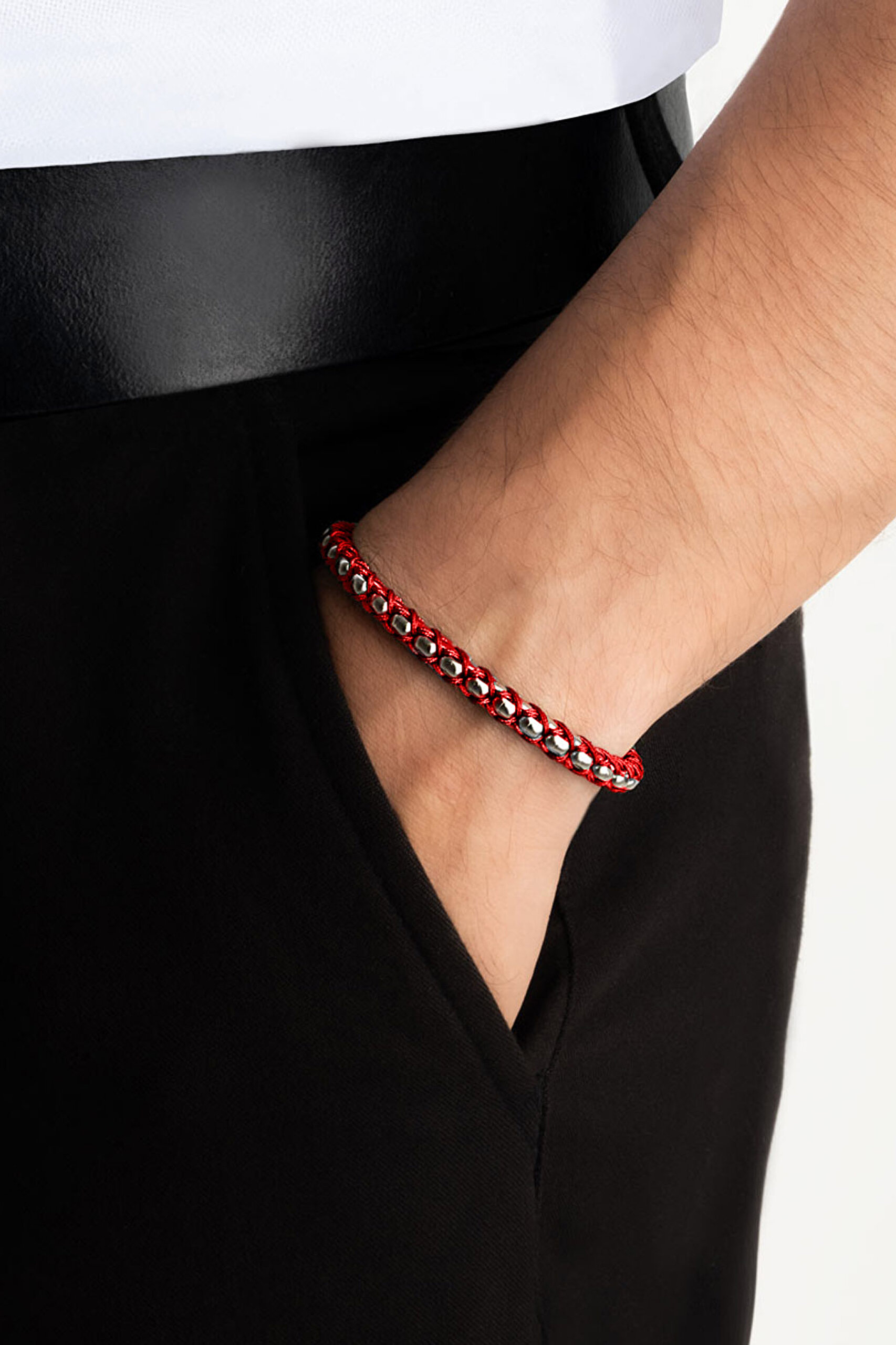 ⁠ Kırmızı İpli Erkek Çelik Ayarlanabilir Bileklik_1}