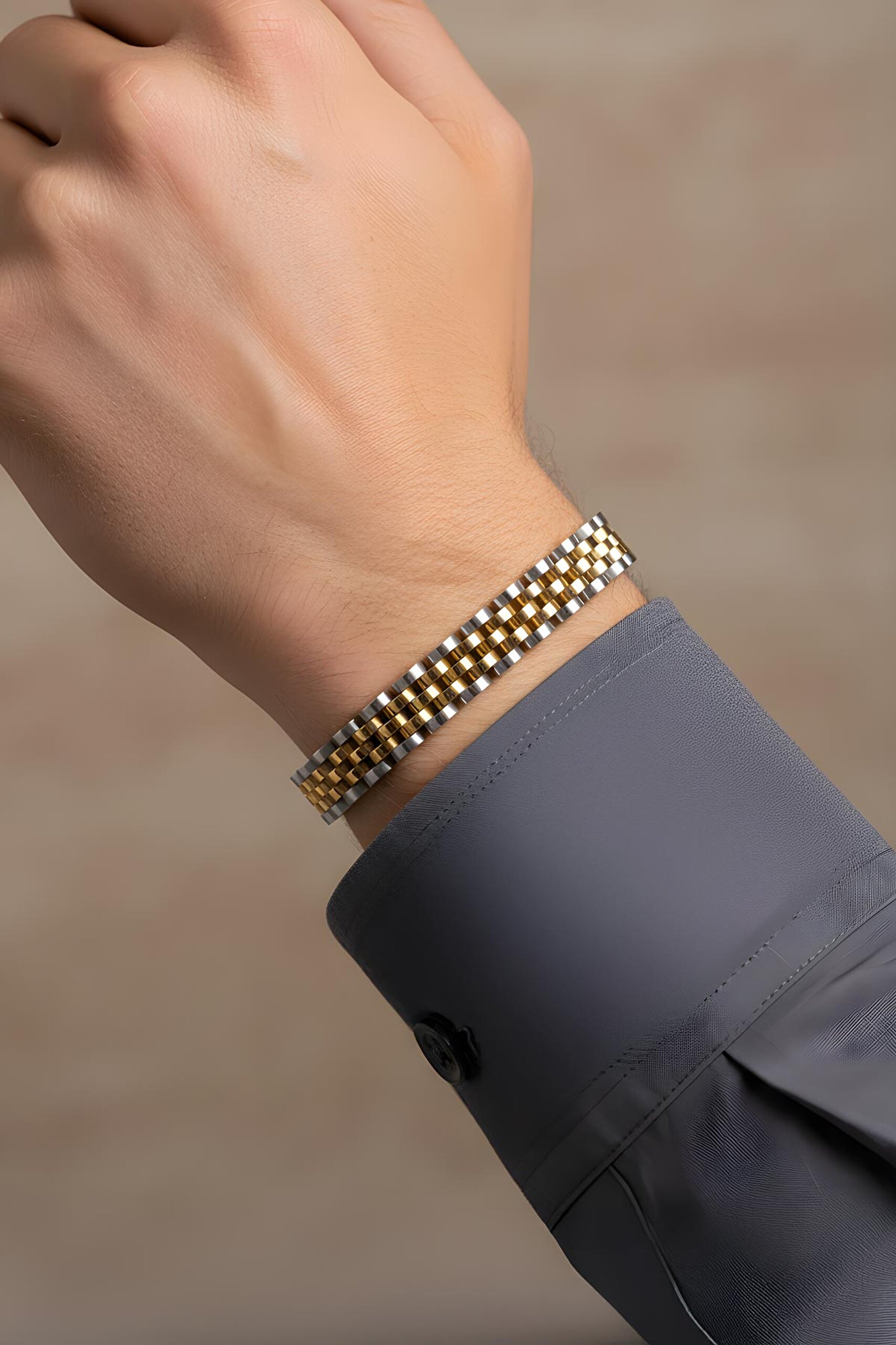 ⁠ Sarı Kaplama Detaylı Erkek Zincir Çelik Bileklik_3}