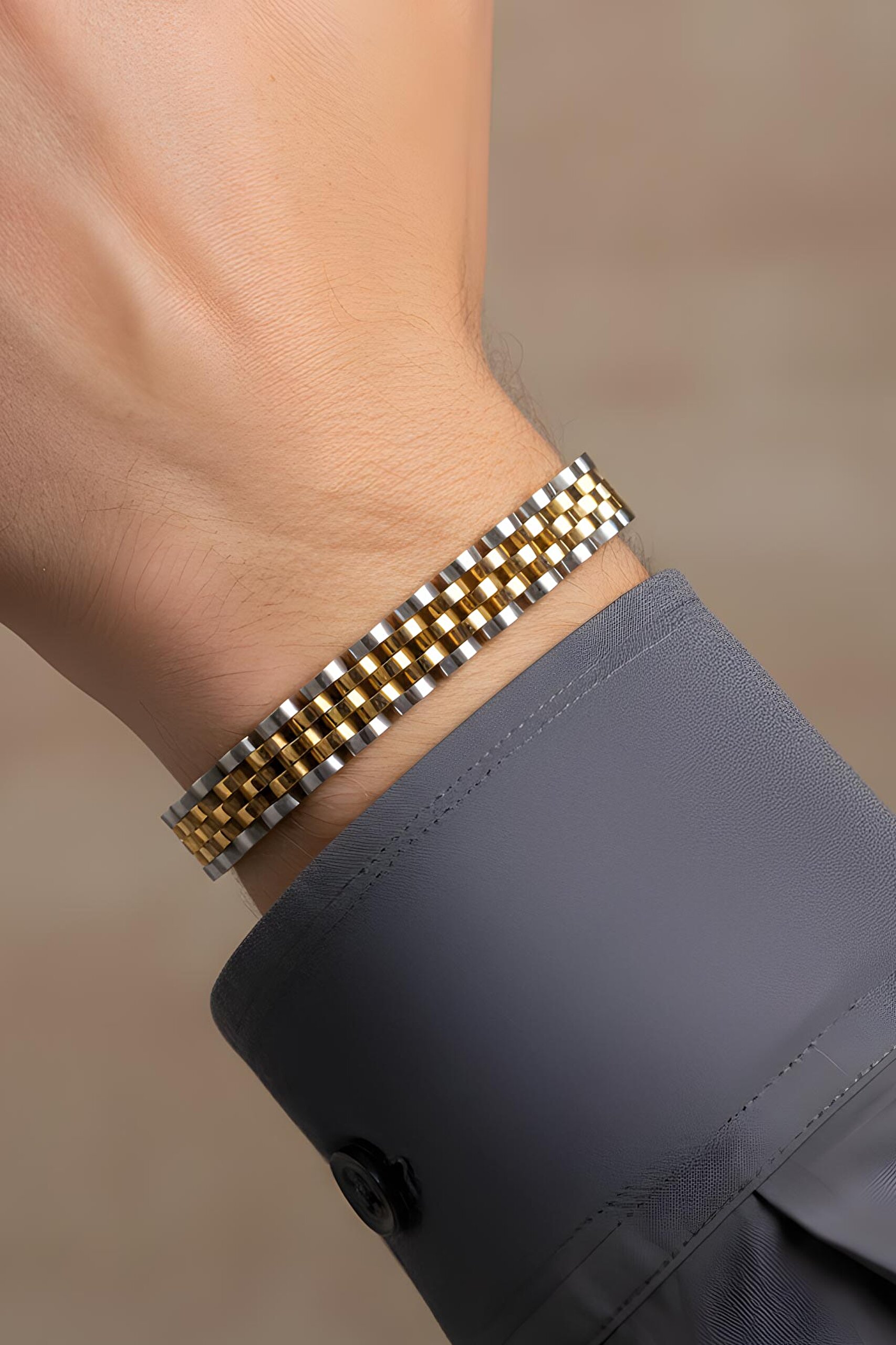 ⁠ Sarı Kaplama Detaylı Erkek Zincir Çelik Bileklik_1}