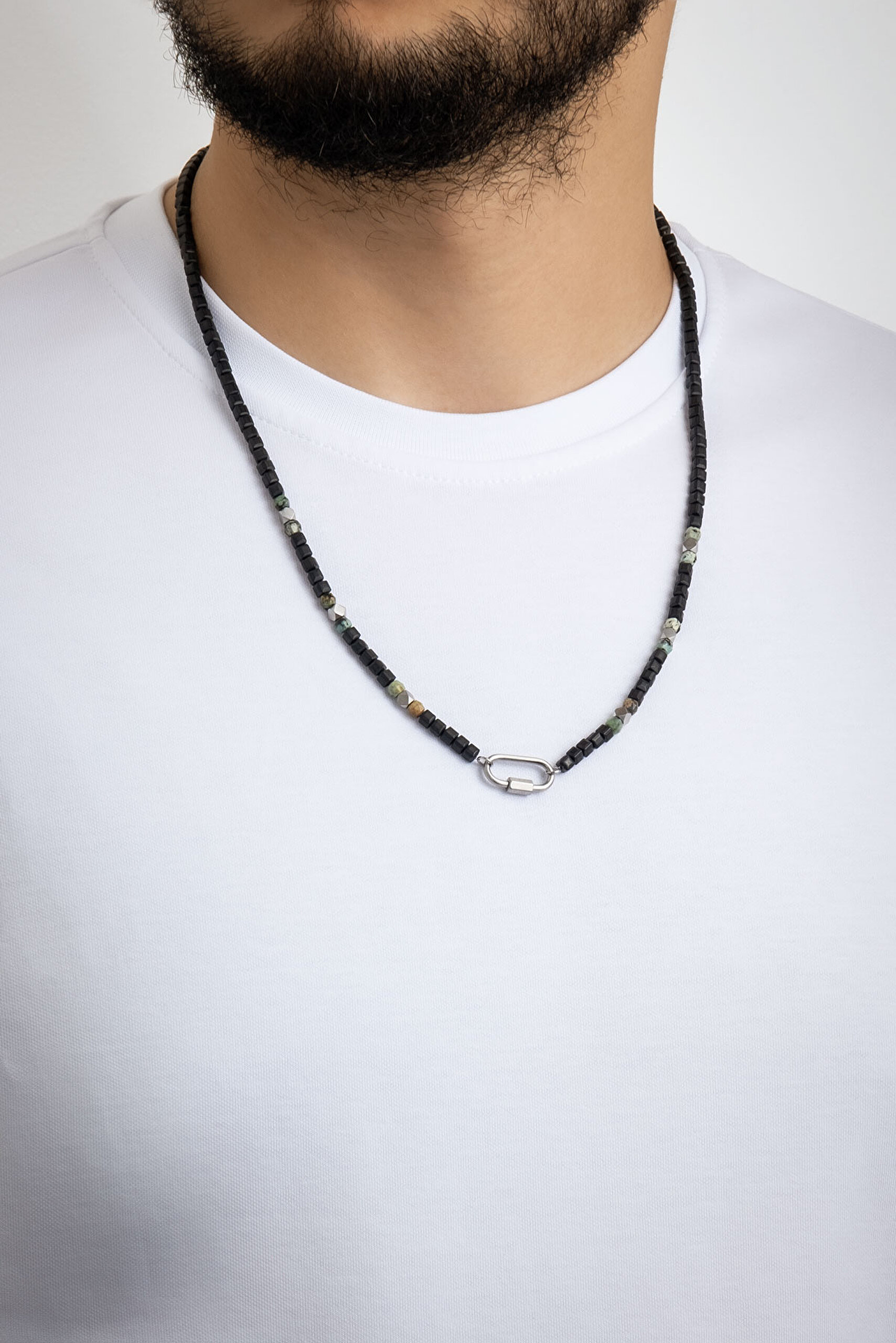 ⁠ Jasper ve Hematit Taşlı 65 Cm Çelik Erkek Kolye_2}