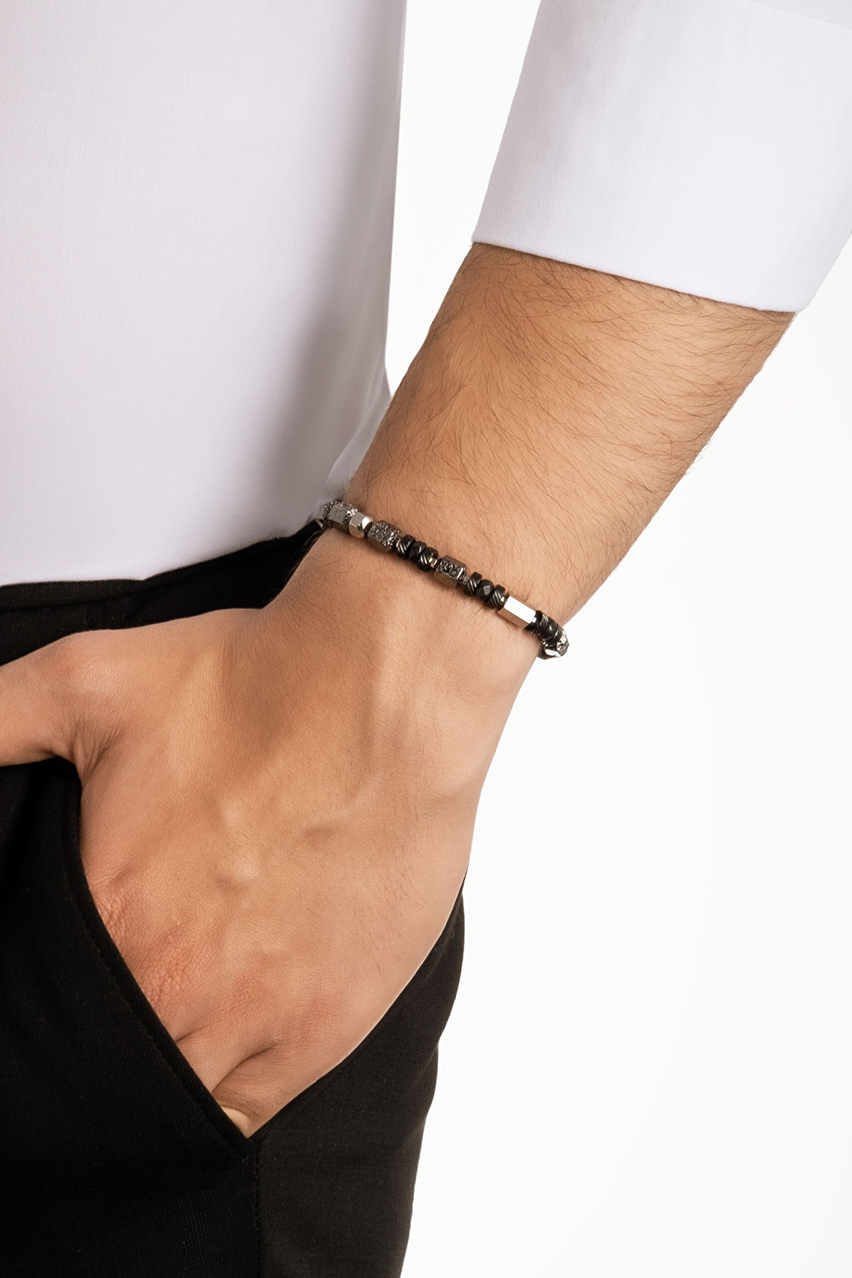 ⁠ Lav ve Hematit Taşlı 22 Cm Çelik Erkek Bileklik_3}