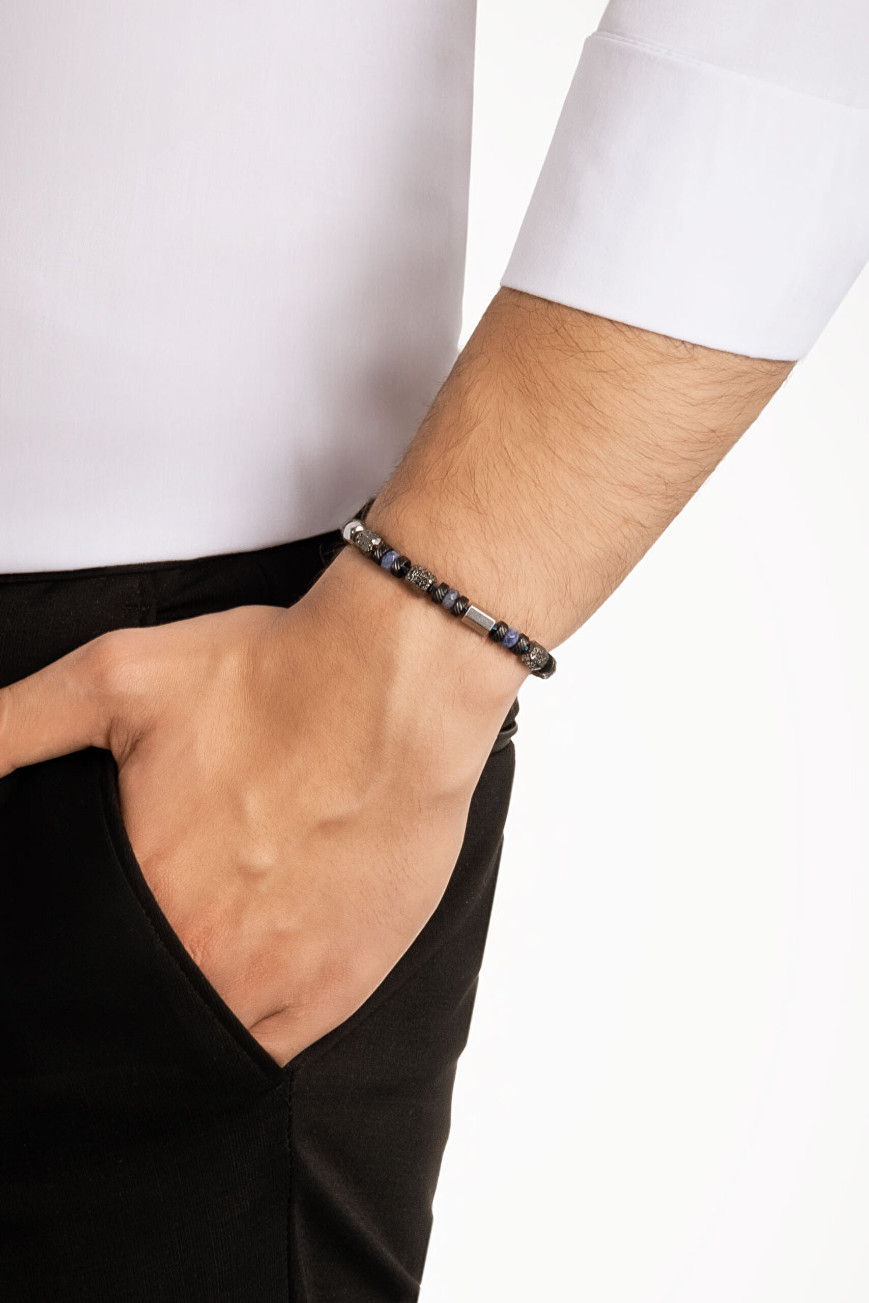 ⁠ Lav ve Hematit Taşlı  22 Cm Çelik Erkek Bileklik_3}