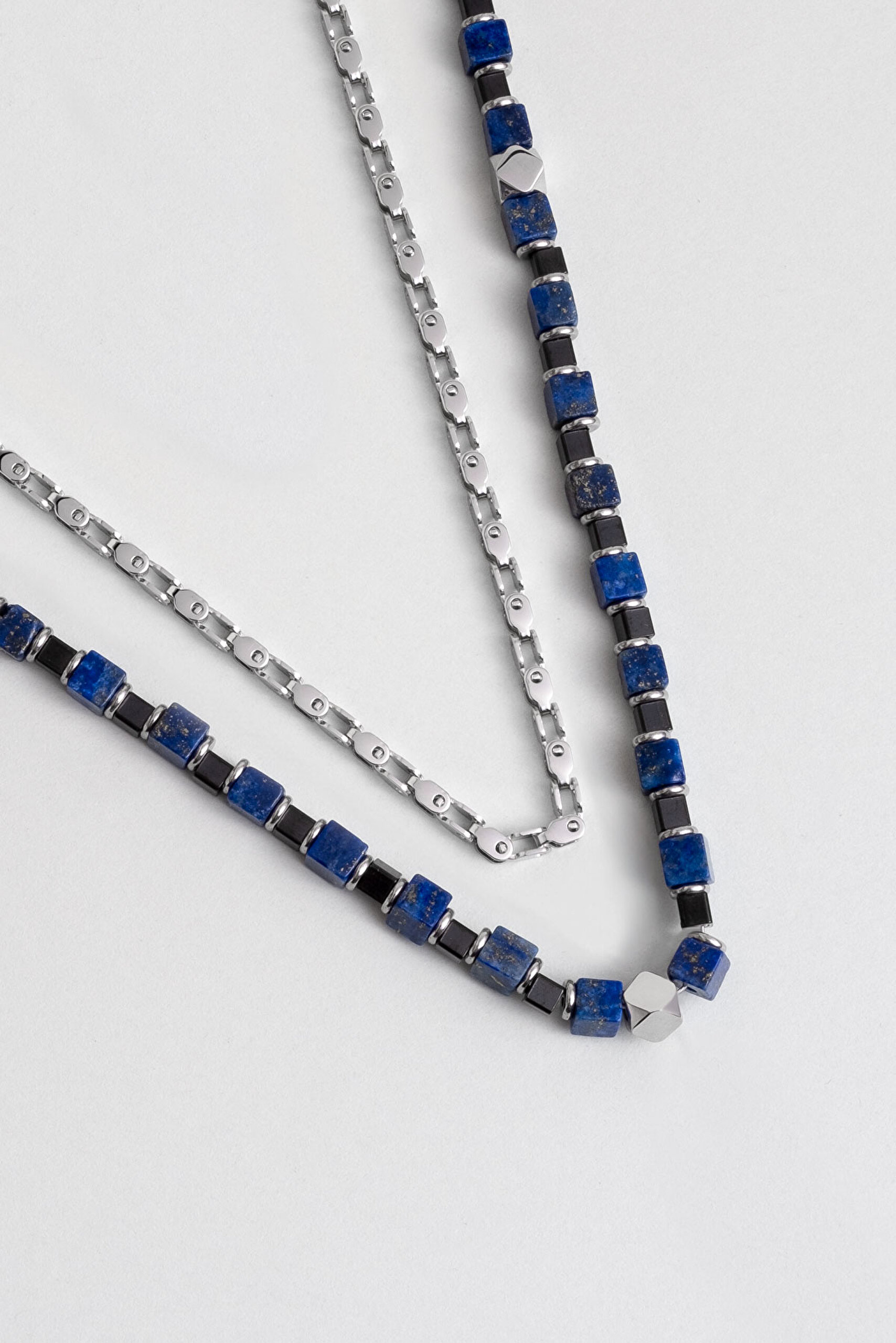⁠ Lapis Taşlı 55 Cm Çelik Çoklu Erkek Kolye_1}