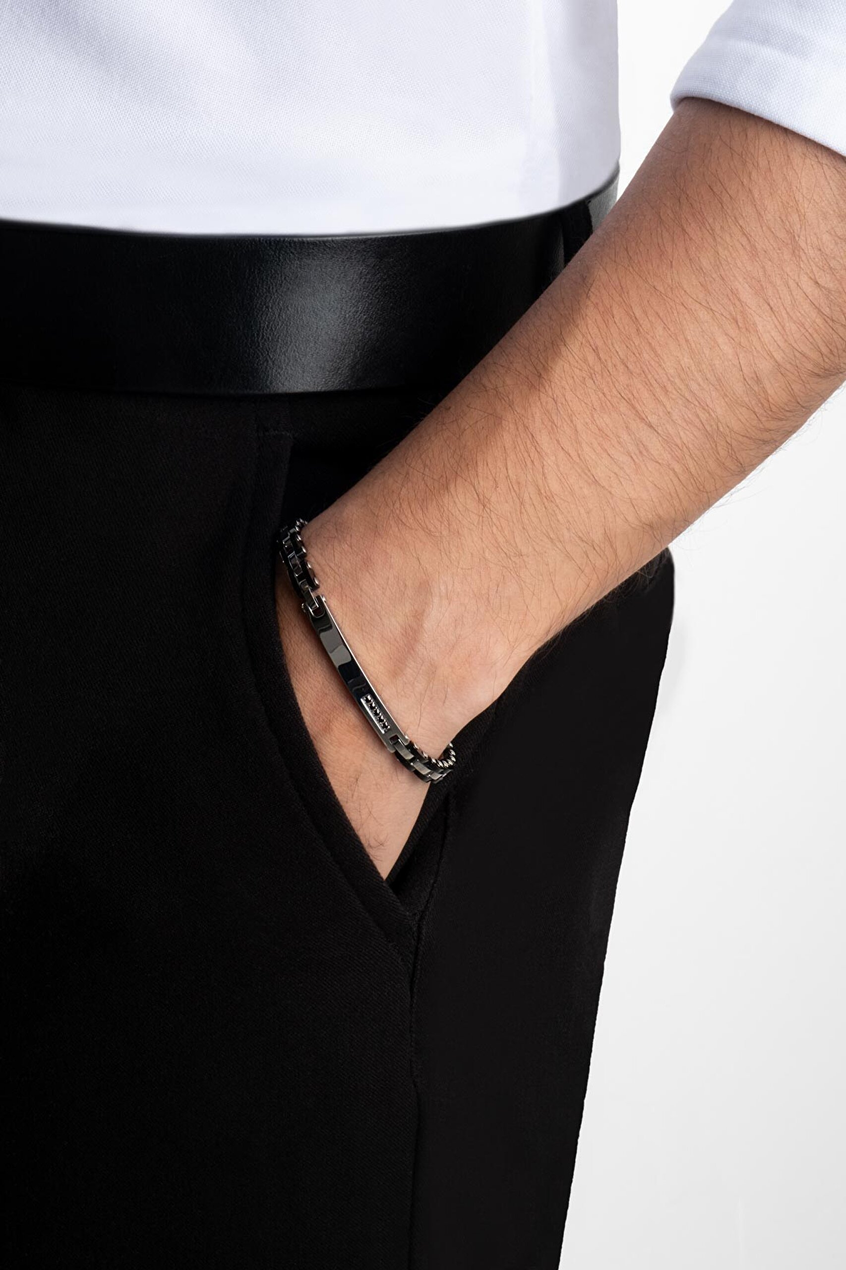 ⁠ Siyah Taşlı 21 Cm Çelik Erkek Bileklik_2}