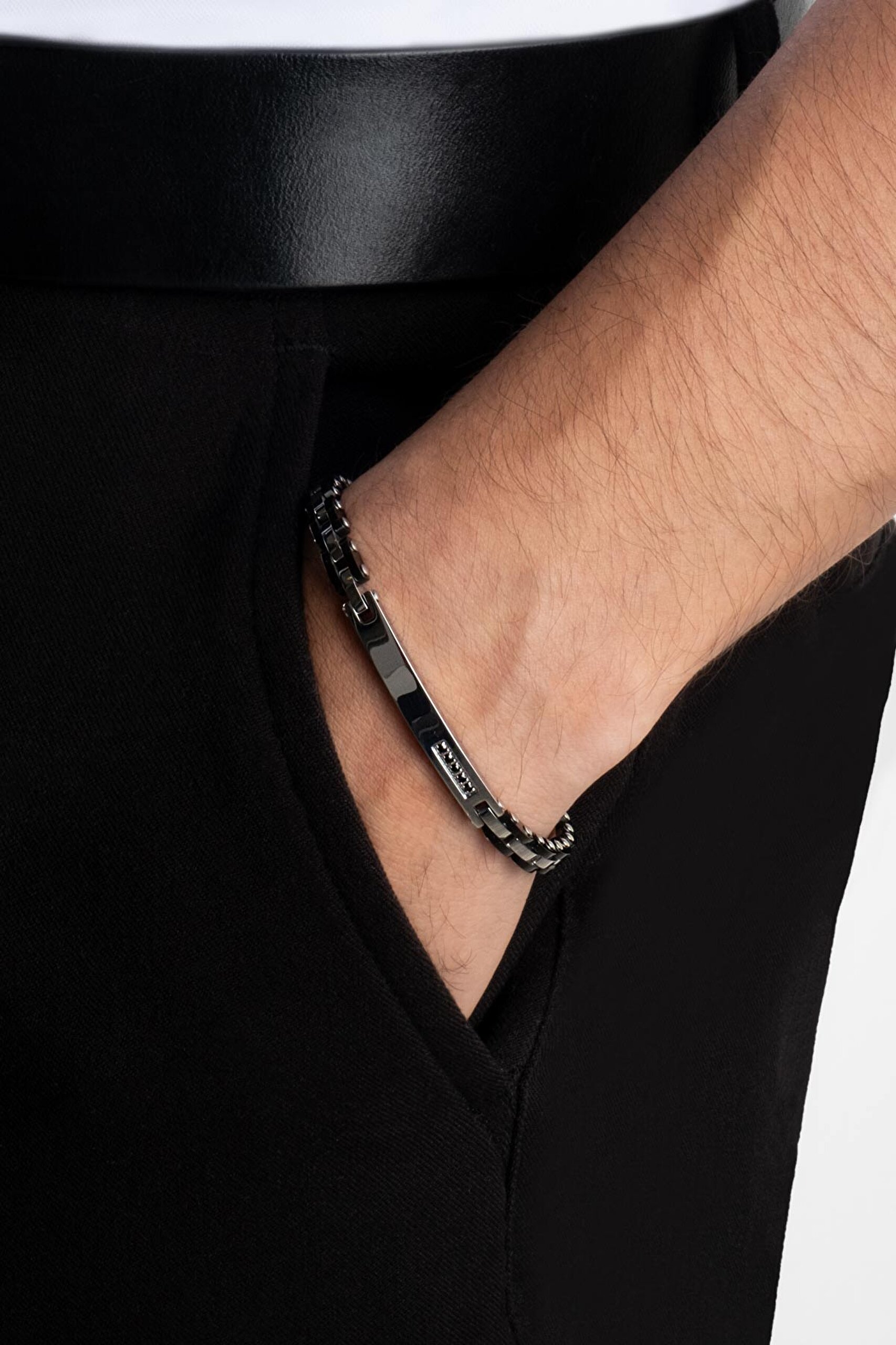 ⁠ Siyah Taşlı 21 Cm Çelik Erkek Bileklik_3}