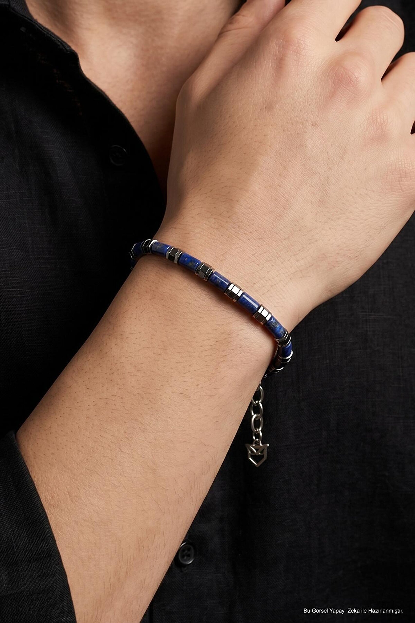Horus Lapis ve Hematit Taşlı 22 Cm Çelik Erkek Bileklik - 1