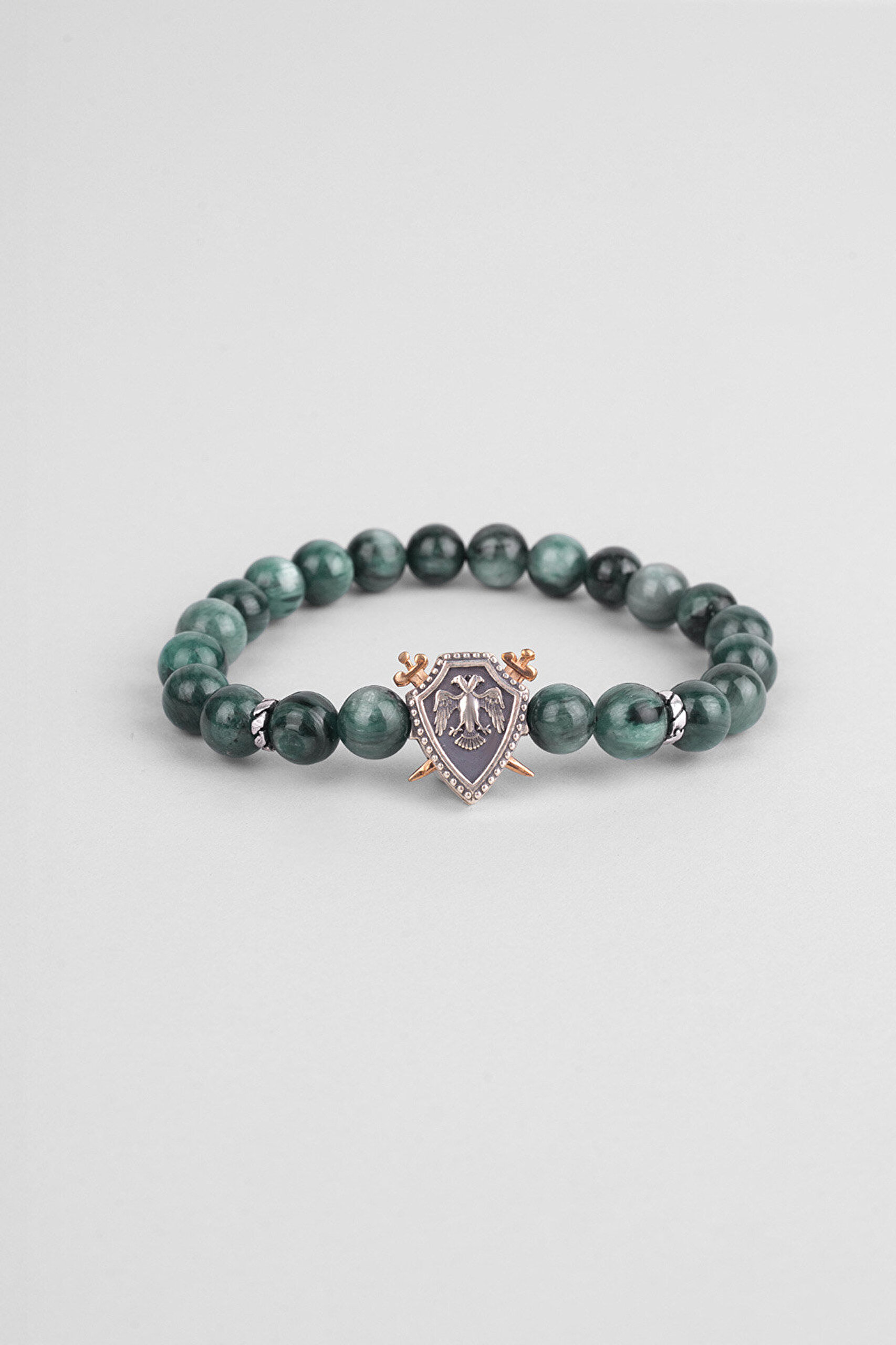 Selçuklu Kartalı Yeşil Akik Taşlı Cilalı Gümüş Erkek Bileklik - 5