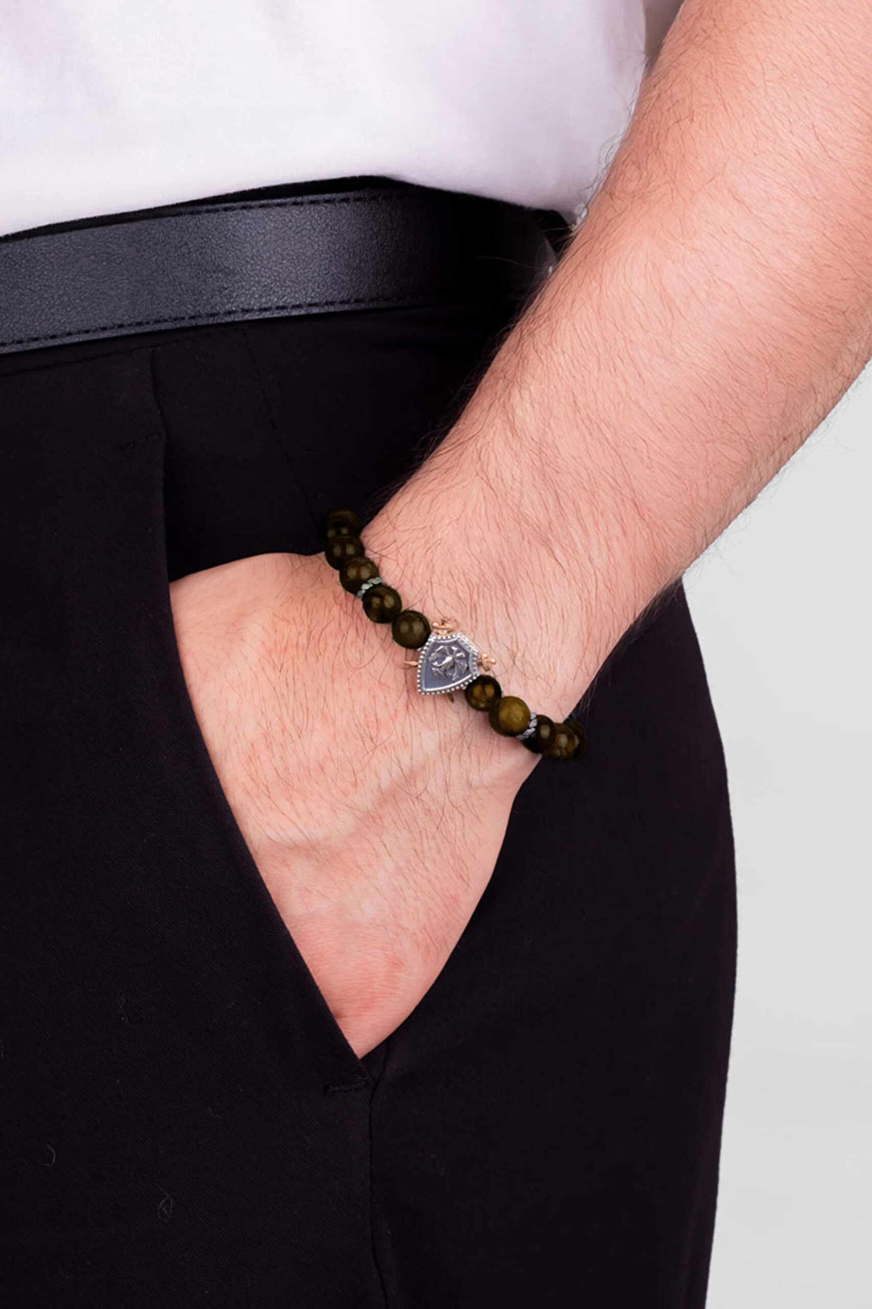 ⁠ Selçuklu Kartalı Kaplan Gözü Taşlı Cilalı Gümüş Erkek Bileklik_1}