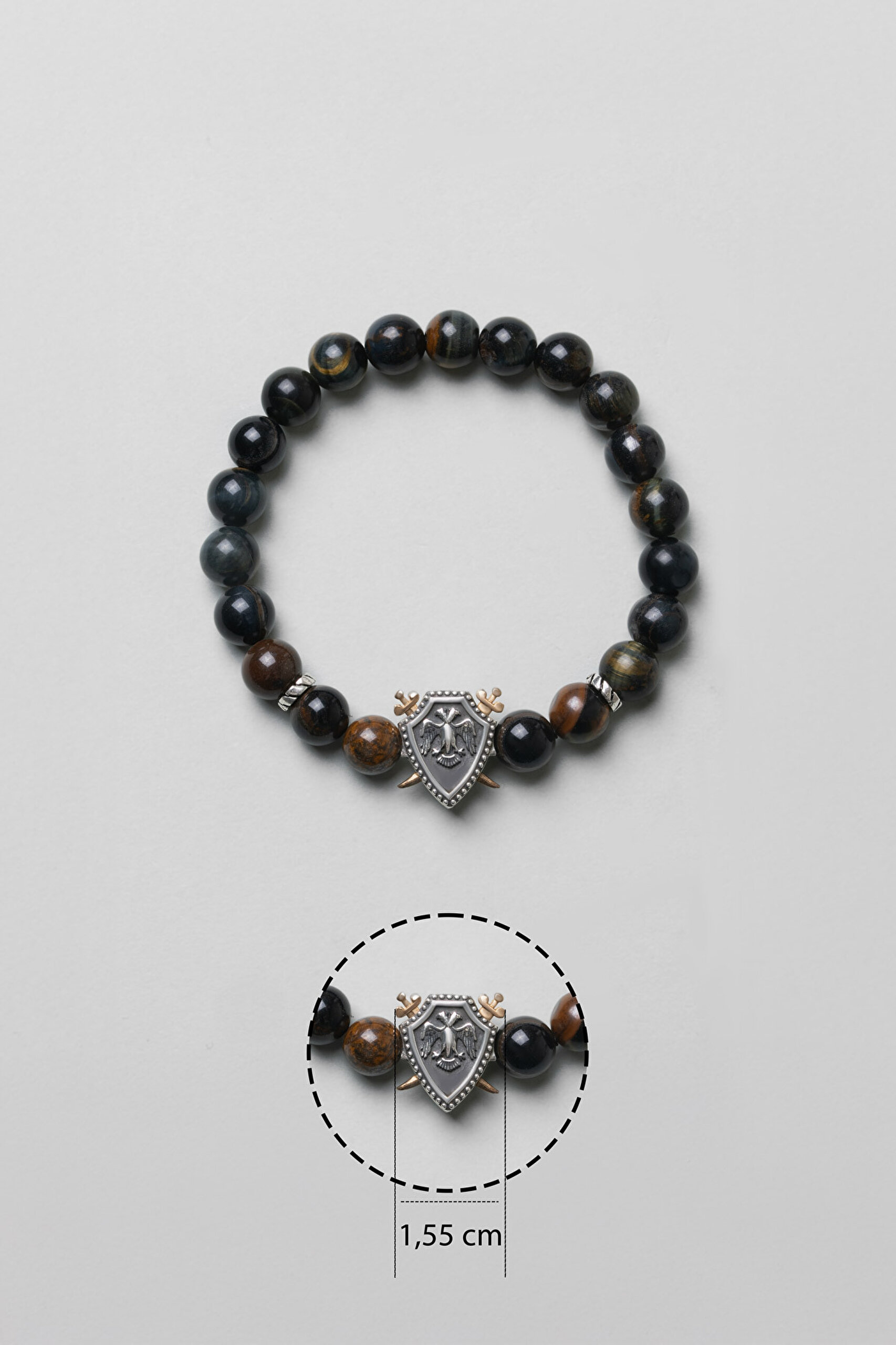 ⁠ Selçuklu Kartalı Kaplan Gözü Taşlı Cilalı Gümüş Erkek Bileklik_2}