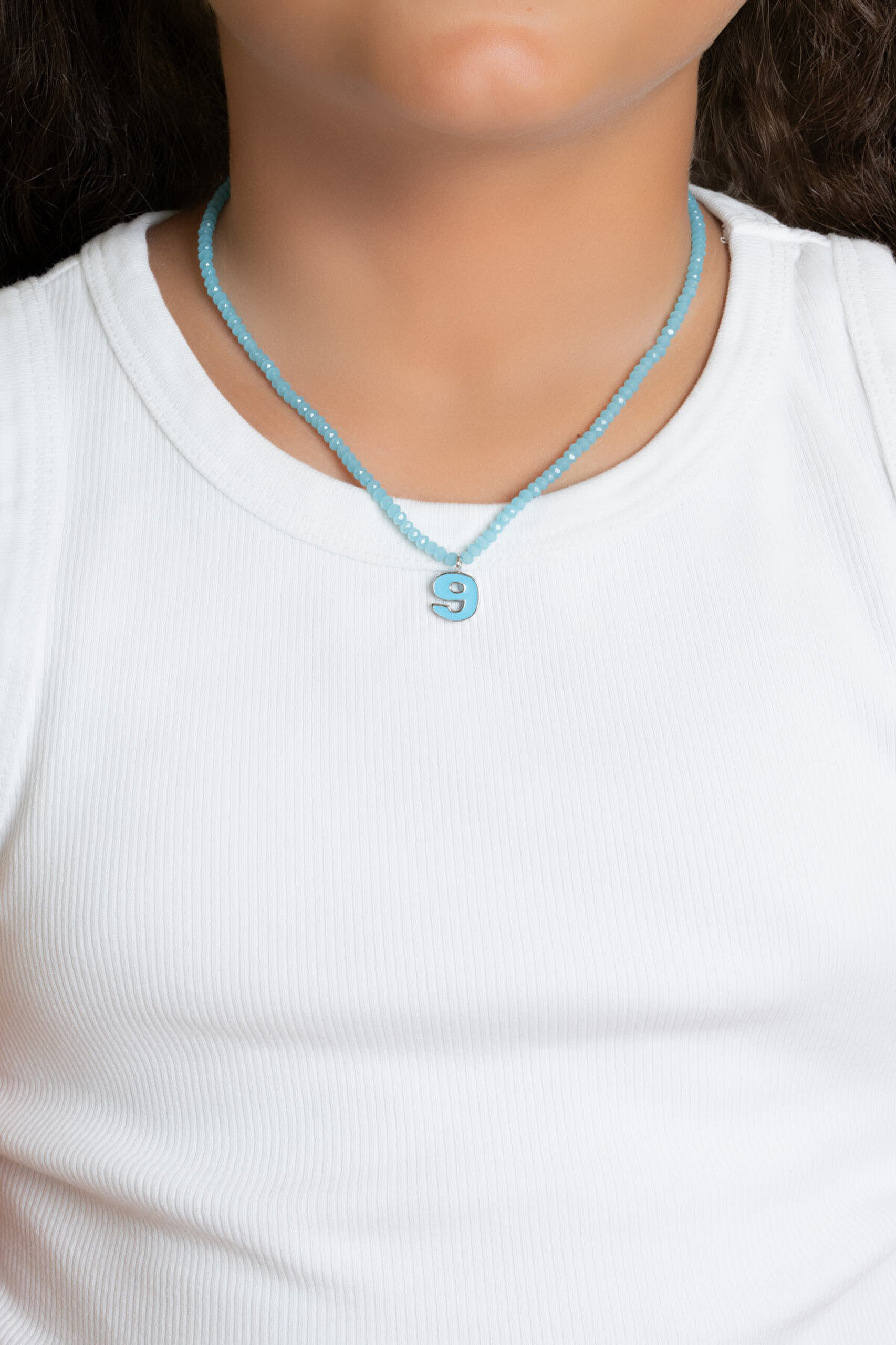 9 Sayısı İkonlu 18 Ayar Beyaz Altın Kaplama 37 Cm Gümüş Çocuk Kolye - 3