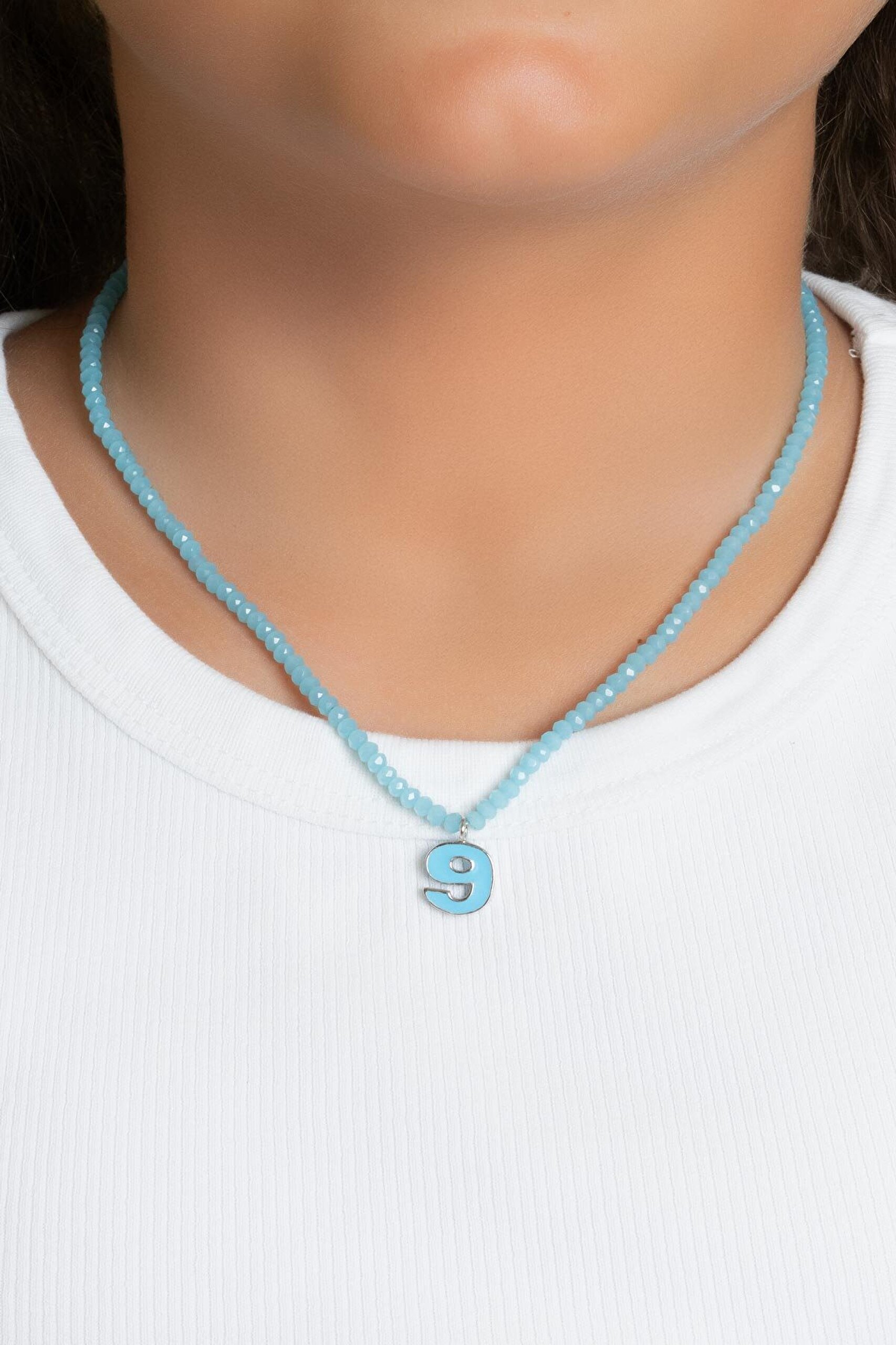 9 Sayısı İkonlu 18 Ayar Beyaz Altın Kaplama 37 Cm Gümüş Çocuk Kolye - 1