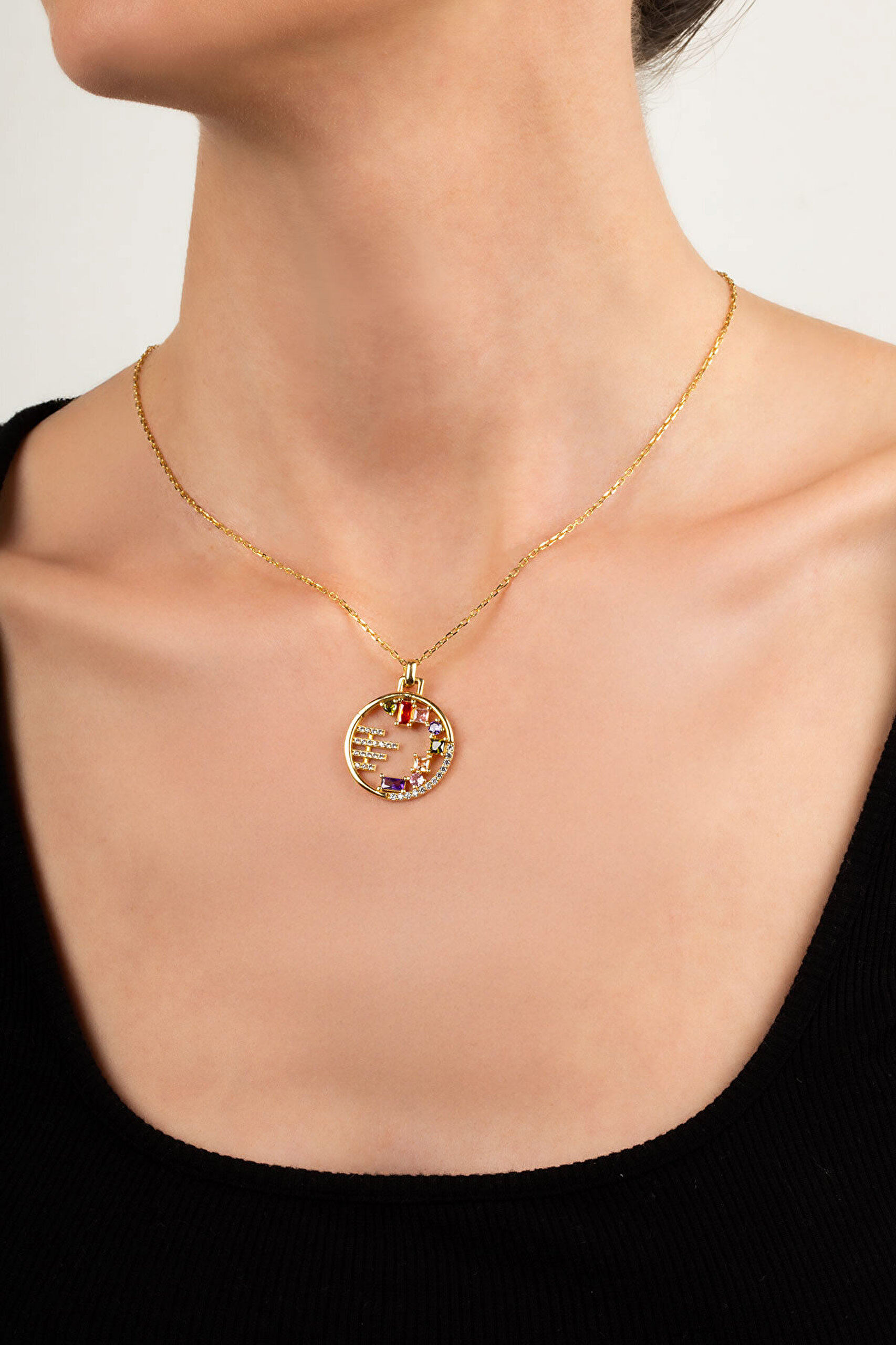 Renkli Baget 18 Ayar Sarı Altın Kaplama 47 Cm Gümüş Kolye - 3