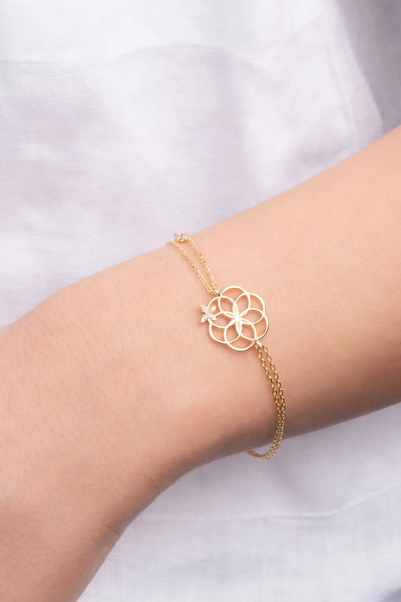 Yaşam Çiçeği 18 Ayar Sarı Altın Kaplama 19 Cm Gümüş Şans Bileklik - 1