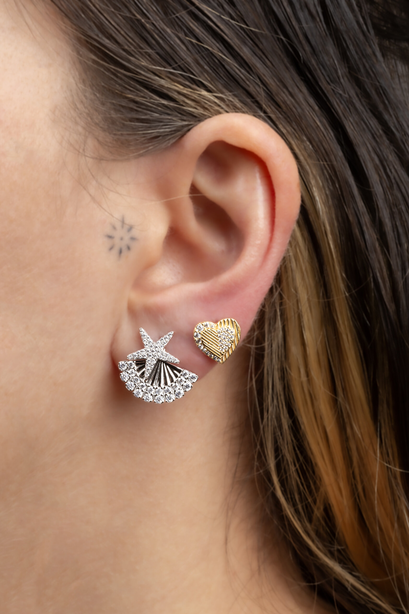 ⁠ İki Kalp 18 Ayar Sarı Altın Kaplama Gümüş Küpe_1}