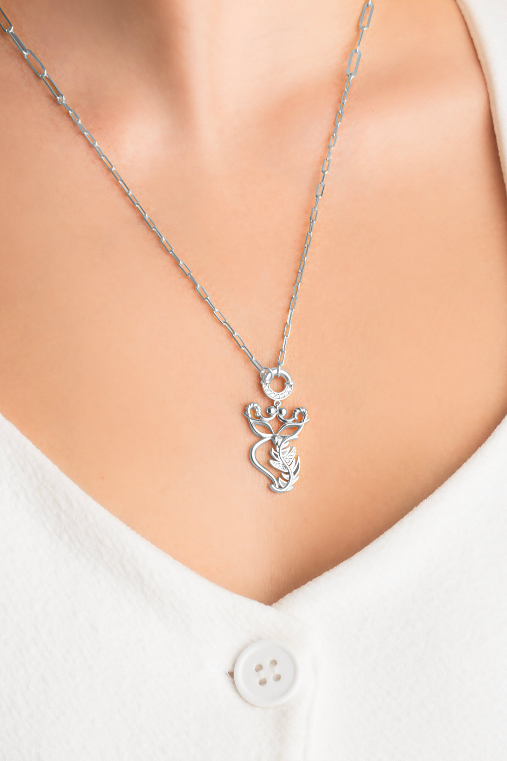 ⁠ So Chic... Baykuş 18 Ayar Beyaz Altın Kaplama 57 Cm Gümüş Zincir Kolye_1}