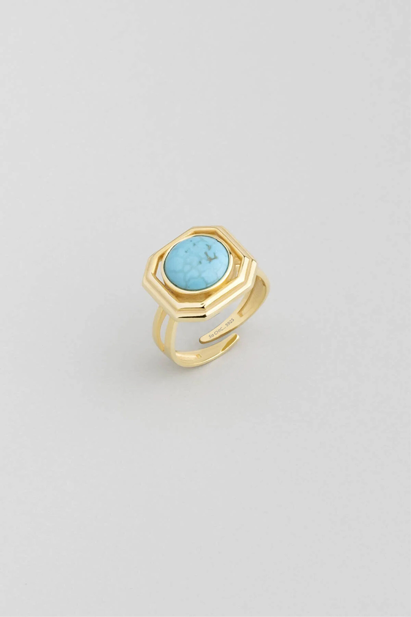 ⁠ Turkuaz Rüyası 18 Ayar Sarı Altın Kaplama Doğal Taşlı Ayarlanabilir Gümüş Yüzük_0}