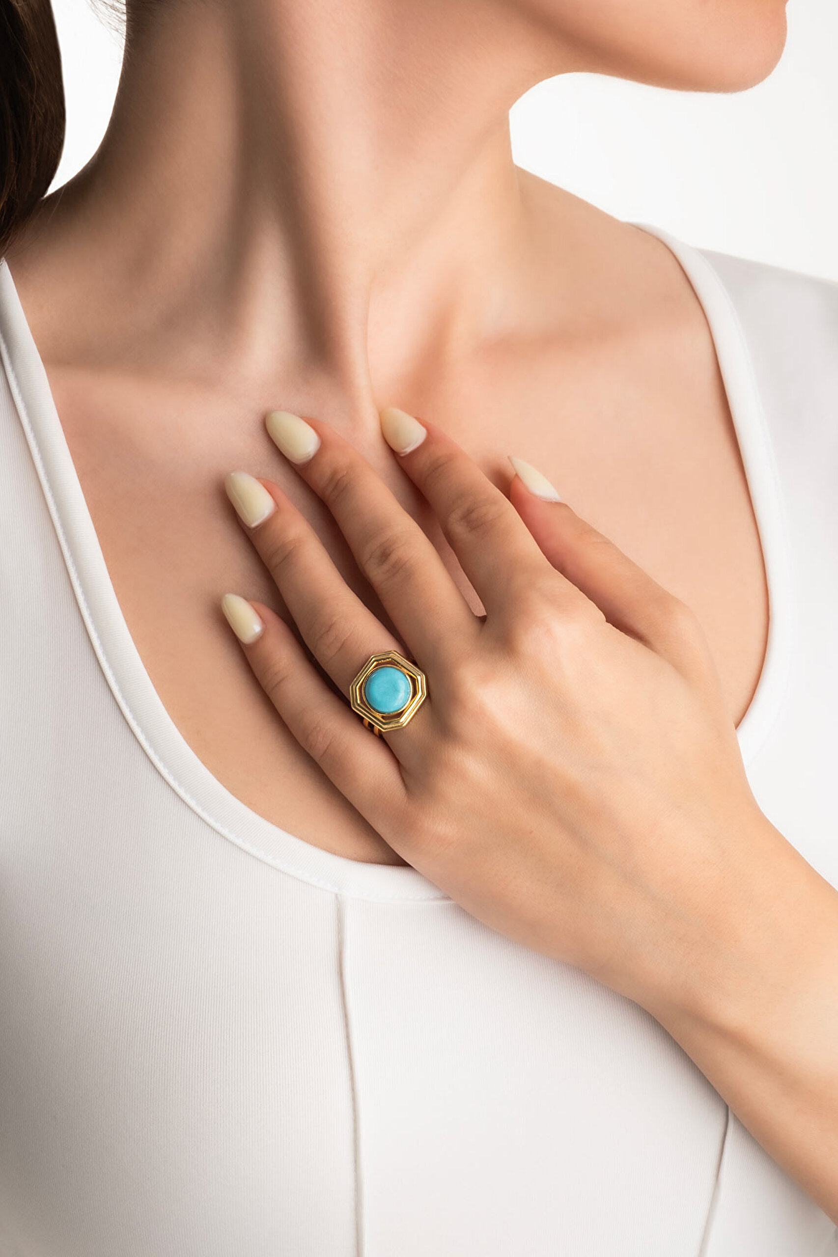 ⁠ Turkuaz Rüyası 18 Ayar Sarı Altın Kaplama Doğal Taşlı Ayarlanabilir Gümüş Yüzük_3}