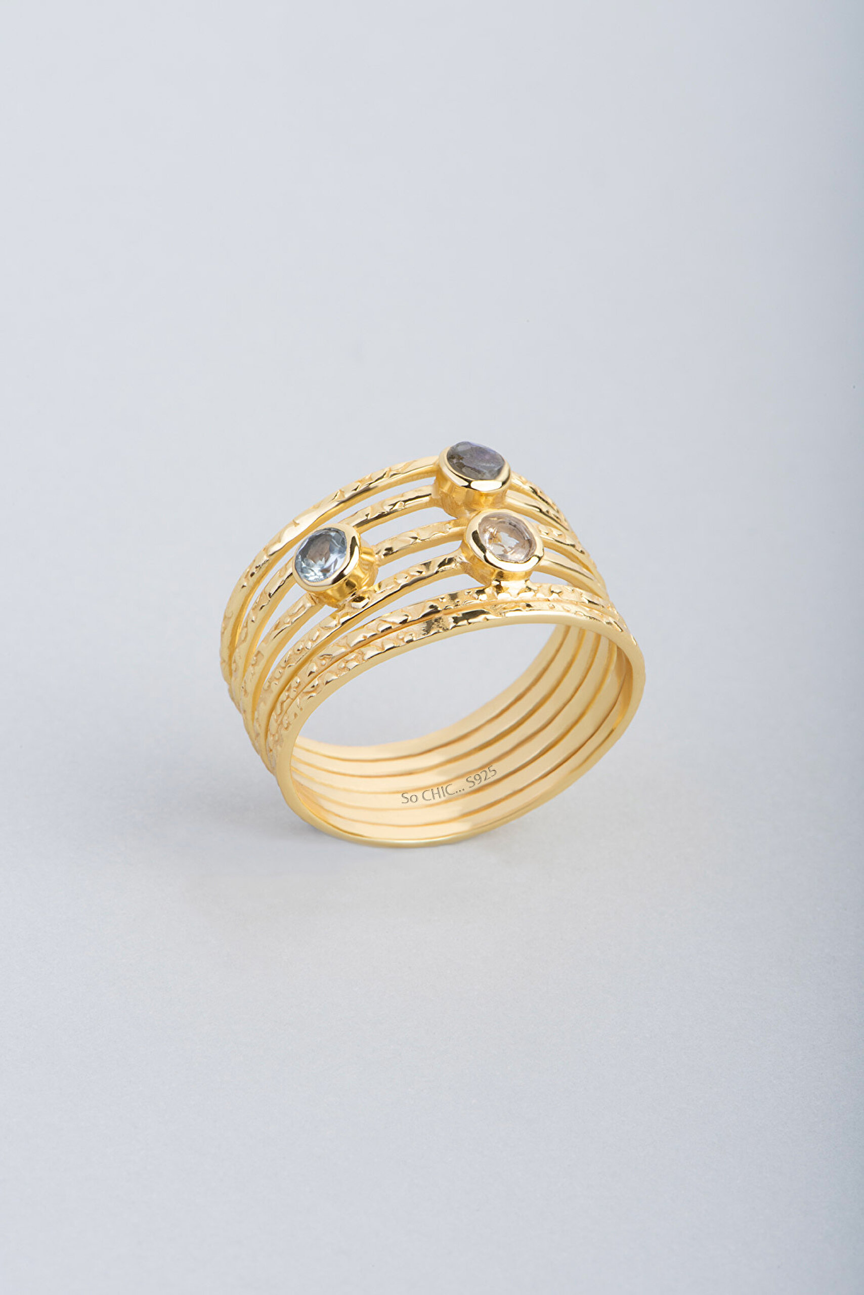 ⁠ Akropolis Rüzgarı 18 Ayar Sarı Altın Kaplama Gümüş Labradorit Taşlı Yüzük_0}