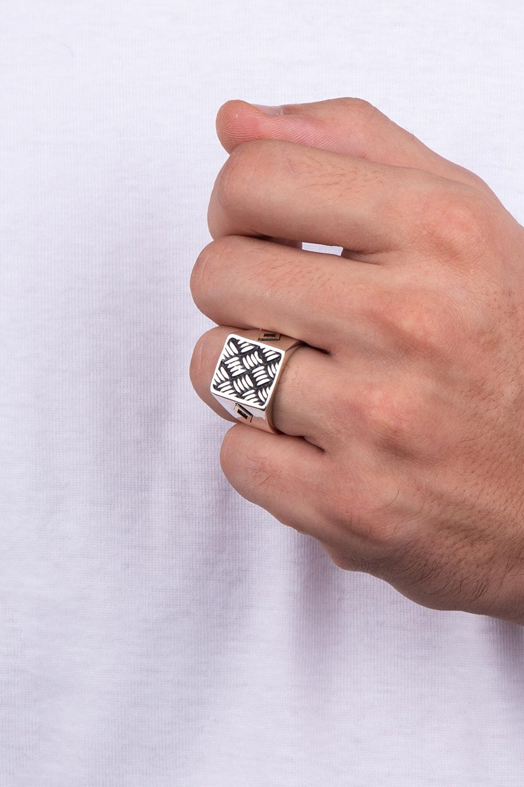 ⁠ Örgü Stil 14 Ayar Altın Erkek Gümüş Yüzük_1}