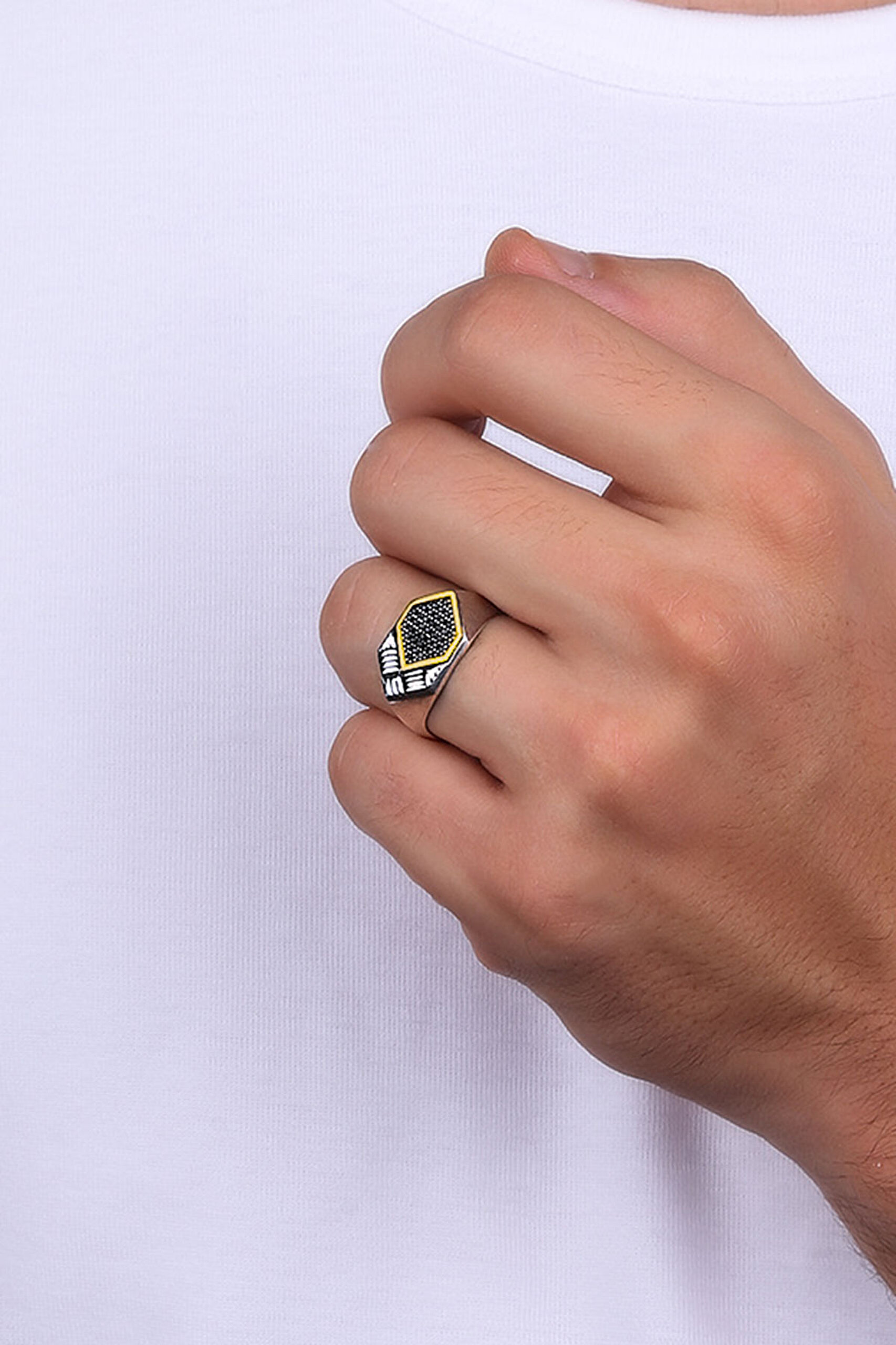 ⁠ Athena'nın Kalkan'ı 14 Ayar Altın Erkek Gümüş Yüzük_1}