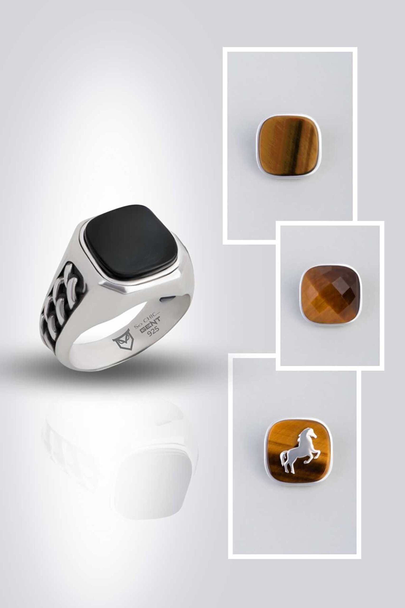 ⁠ Modify Koleksiyonu Örme Stil Erkek Gümüş Tasarım Yüzük Seti_0}