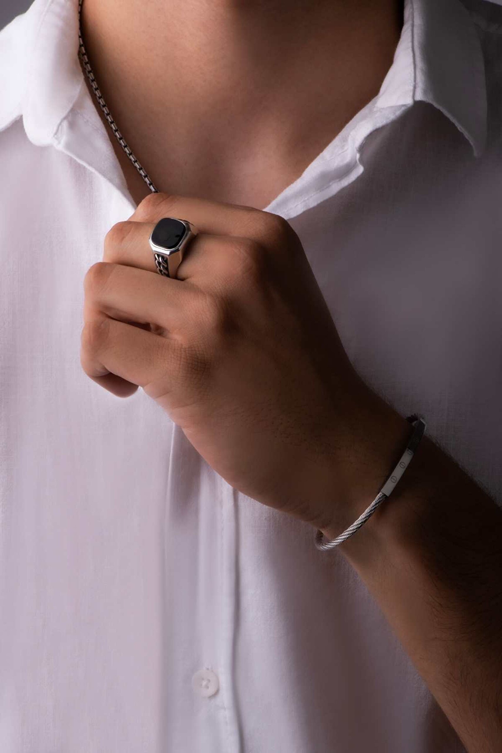 ⁠ Modify Koleksiyonu Örme Stil Erkek Gümüş Tasarım Yüzük Seti_3}