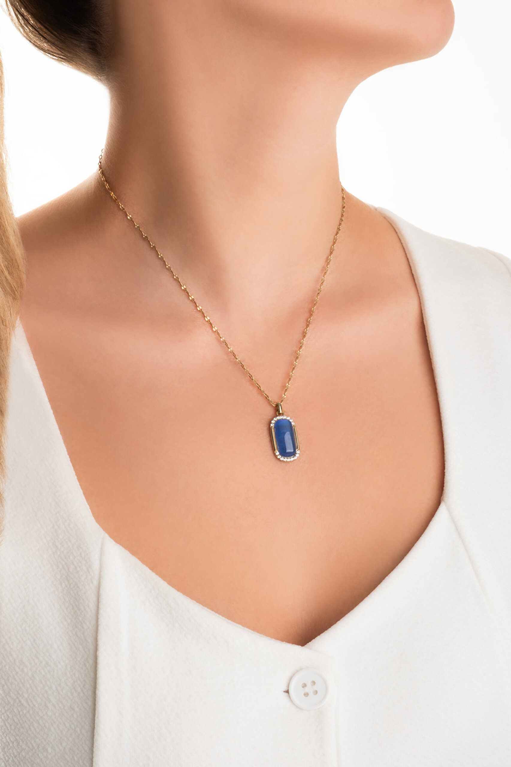 ⁠ Safir Işıltısı 18 Ayar Sarı Altın Kaplama 44 Cm Gümüş Tasarım Kolye_3}