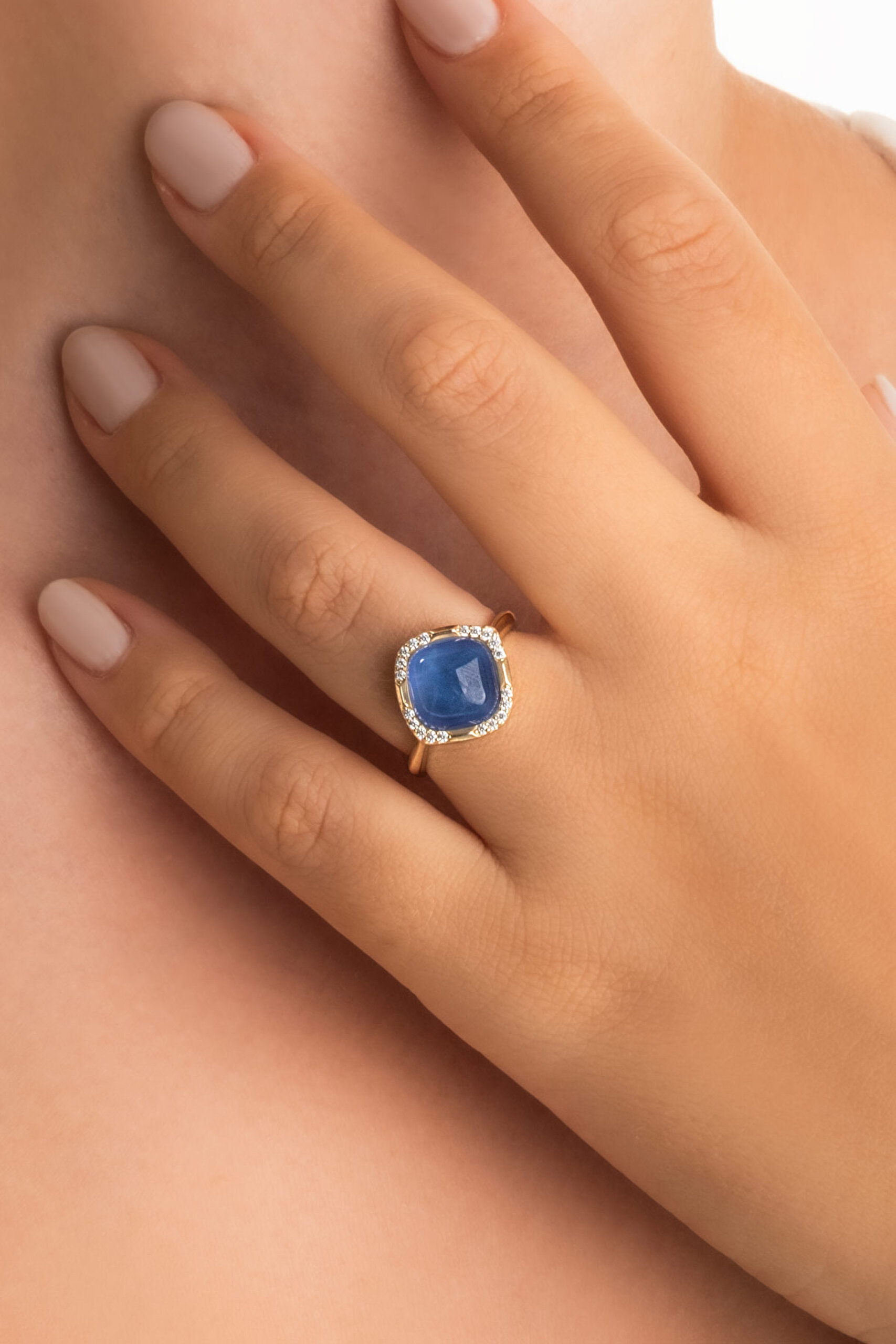 ⁠ Safir Zarafeti 18 Ayar Sarı Altın Kaplama Gümüş Tasarım Yüzük_1}