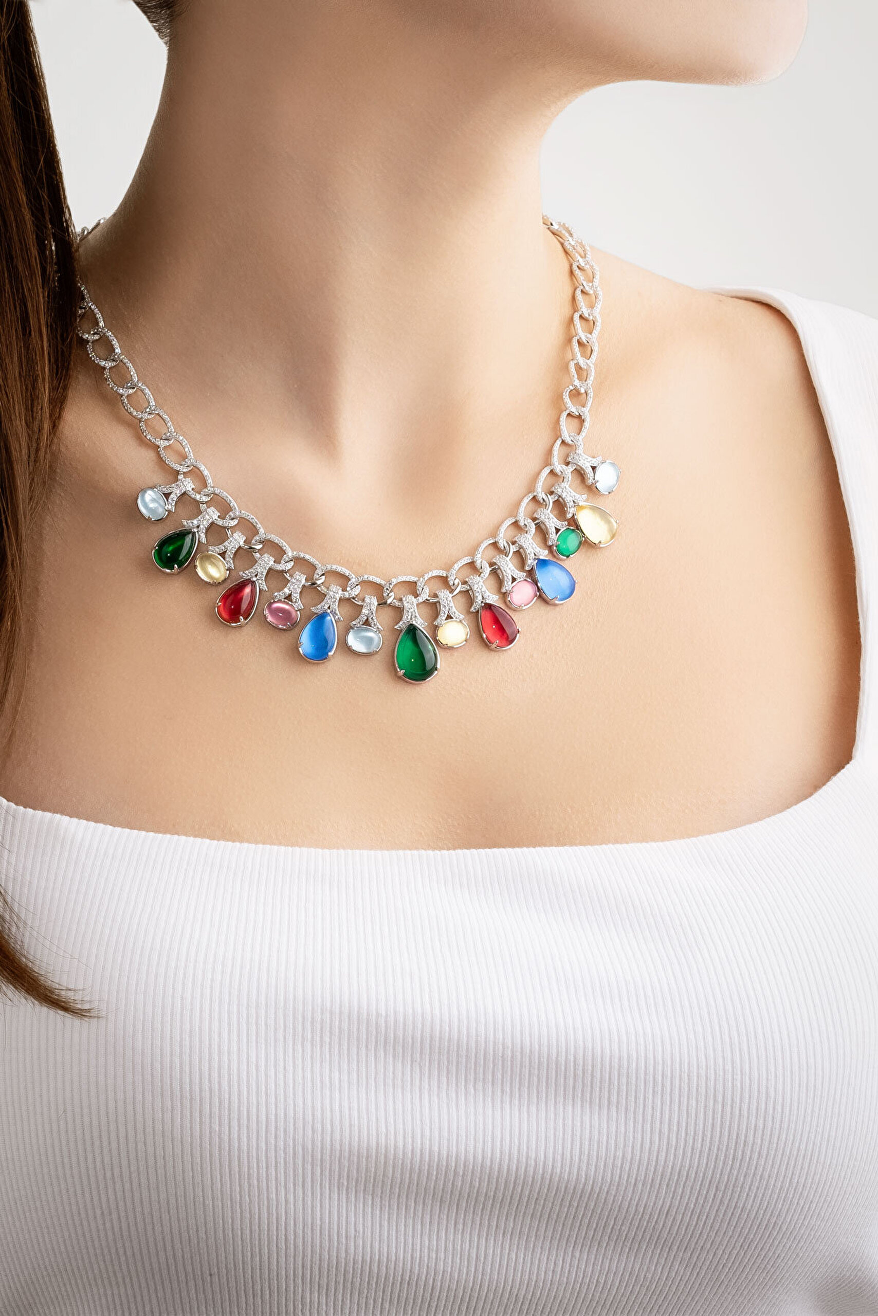 Tropik Renkler 18 Ayar Beyaz Altın Kaplama 45 Cm Gümüş Tasarım Gerdanlık - 1