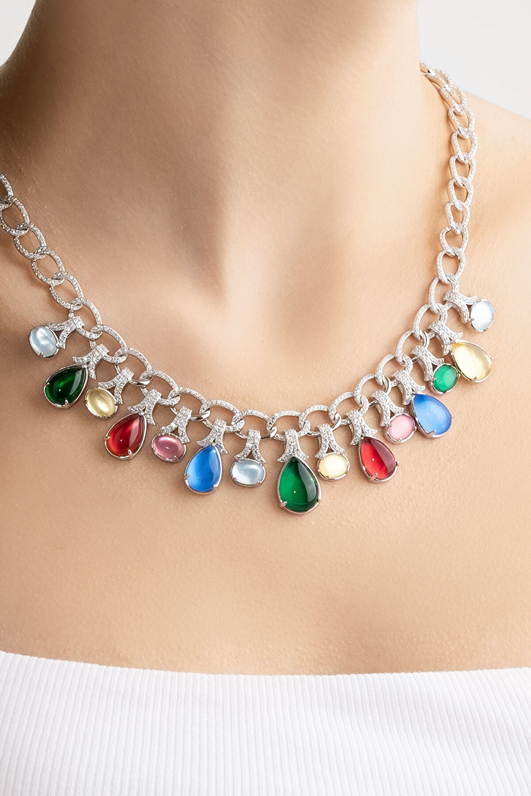 Tropik Renkler 18 Ayar Beyaz Altın Kaplama 45 Cm Gümüş Tasarım Gerdanlık - 2