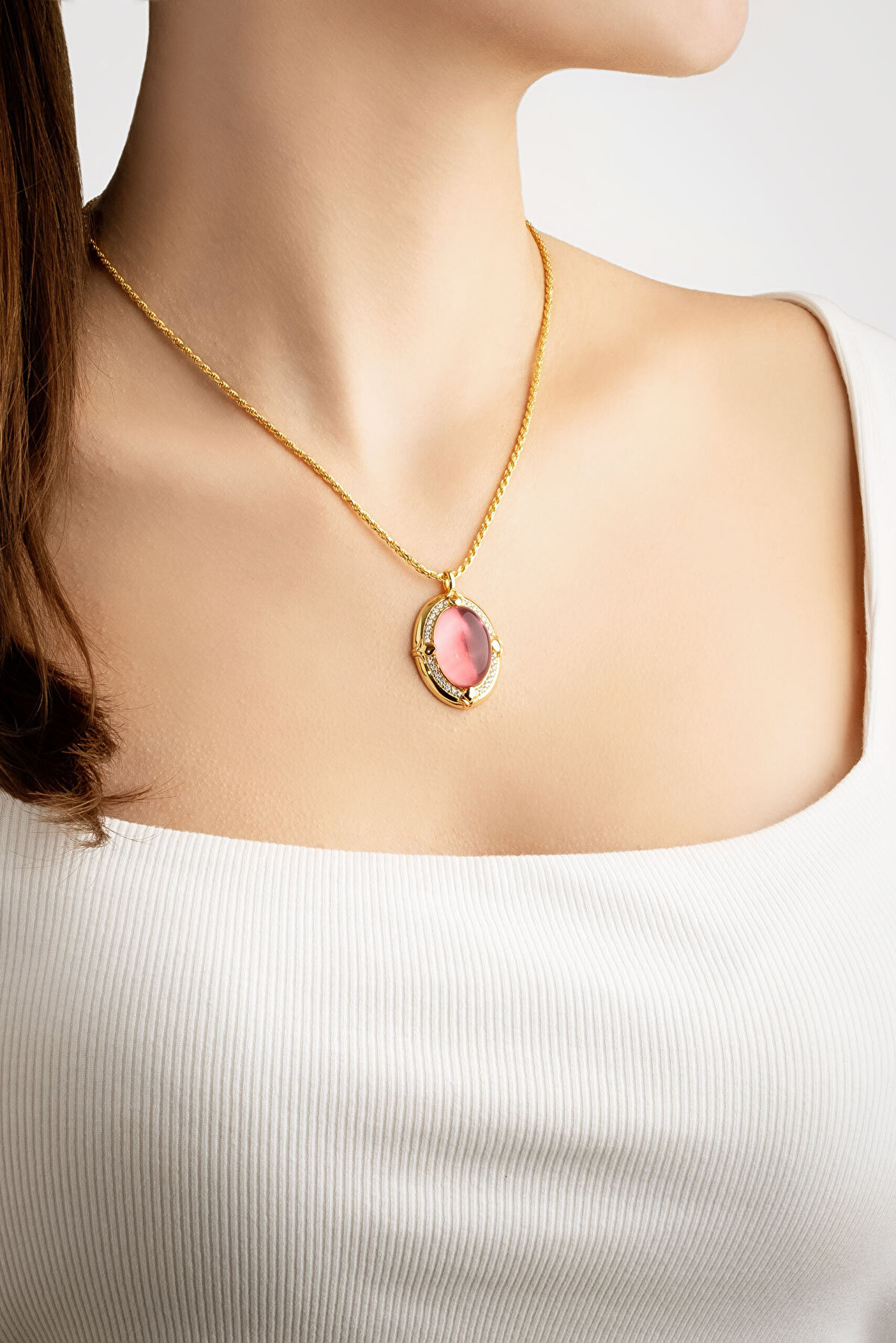 Renkli Vintage 18 Ayar Sarı Altın Kaplama 50 Cm Gümüş Madalyon Kolye - 5