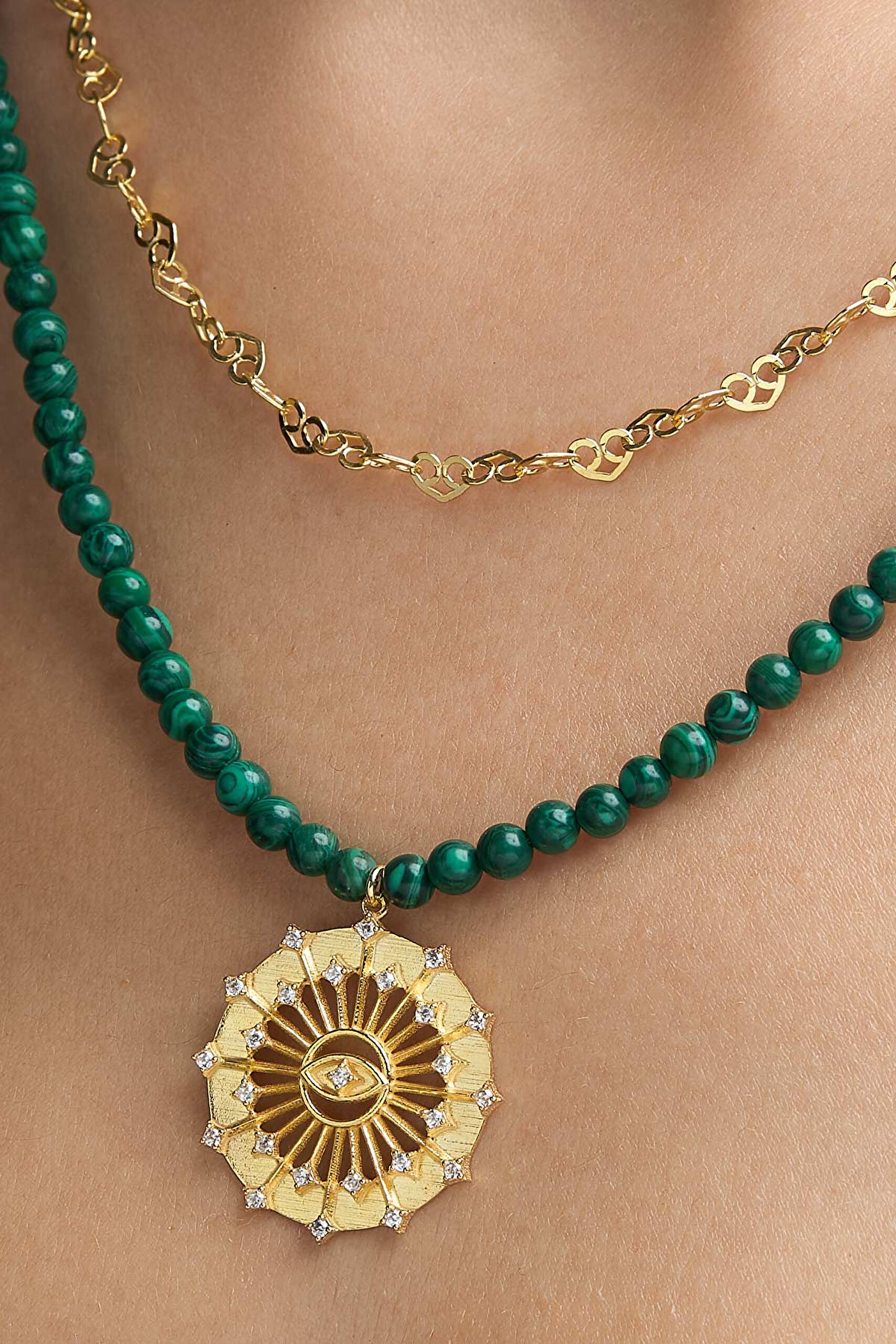 ⁠ Malahit Güneşi 18 Ayar Sarı Altın Kaplama 47 Cm Gümüş Kolye_5}