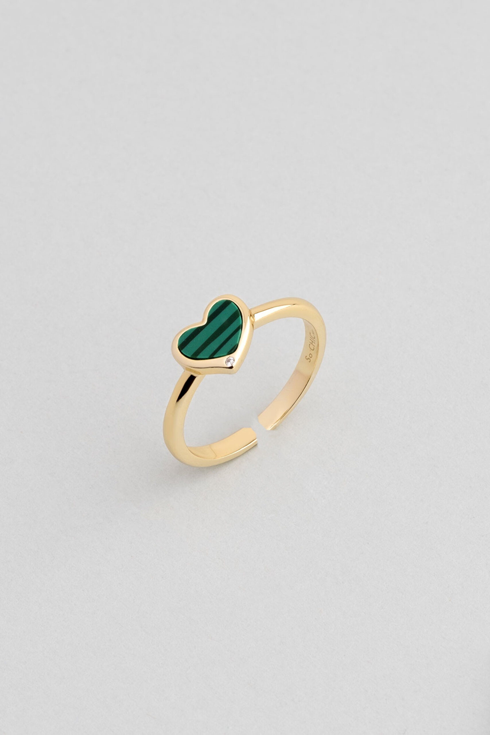 ⁠ Green Heart 18 Ayar Sarı Altın Kaplama Ayarlanabilir Gümüş Kalp Yüzük_0}