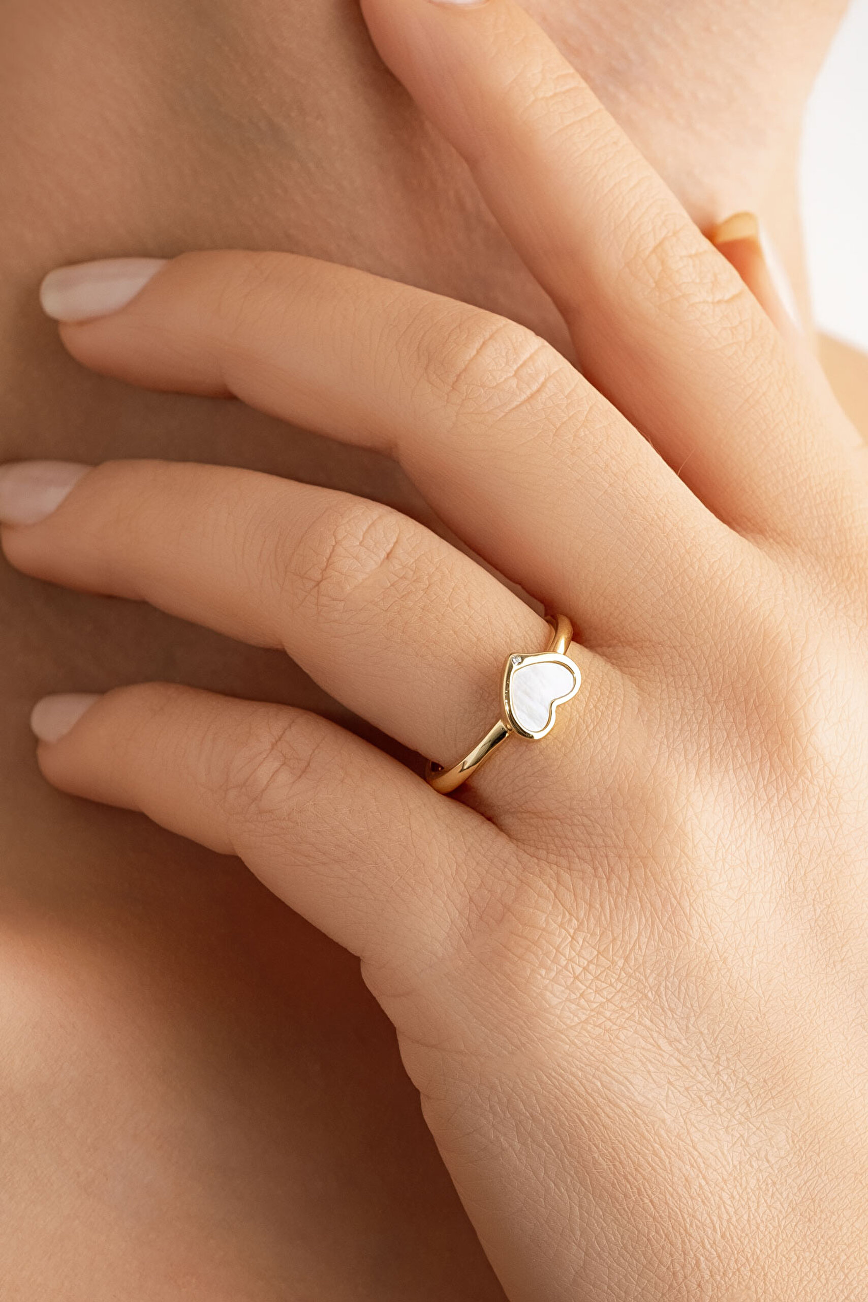 ⁠ White Heart 18 Ayar Sarı Altın Kaplama Ayarlanabilir Gümüş Minimal Yüzük_2}