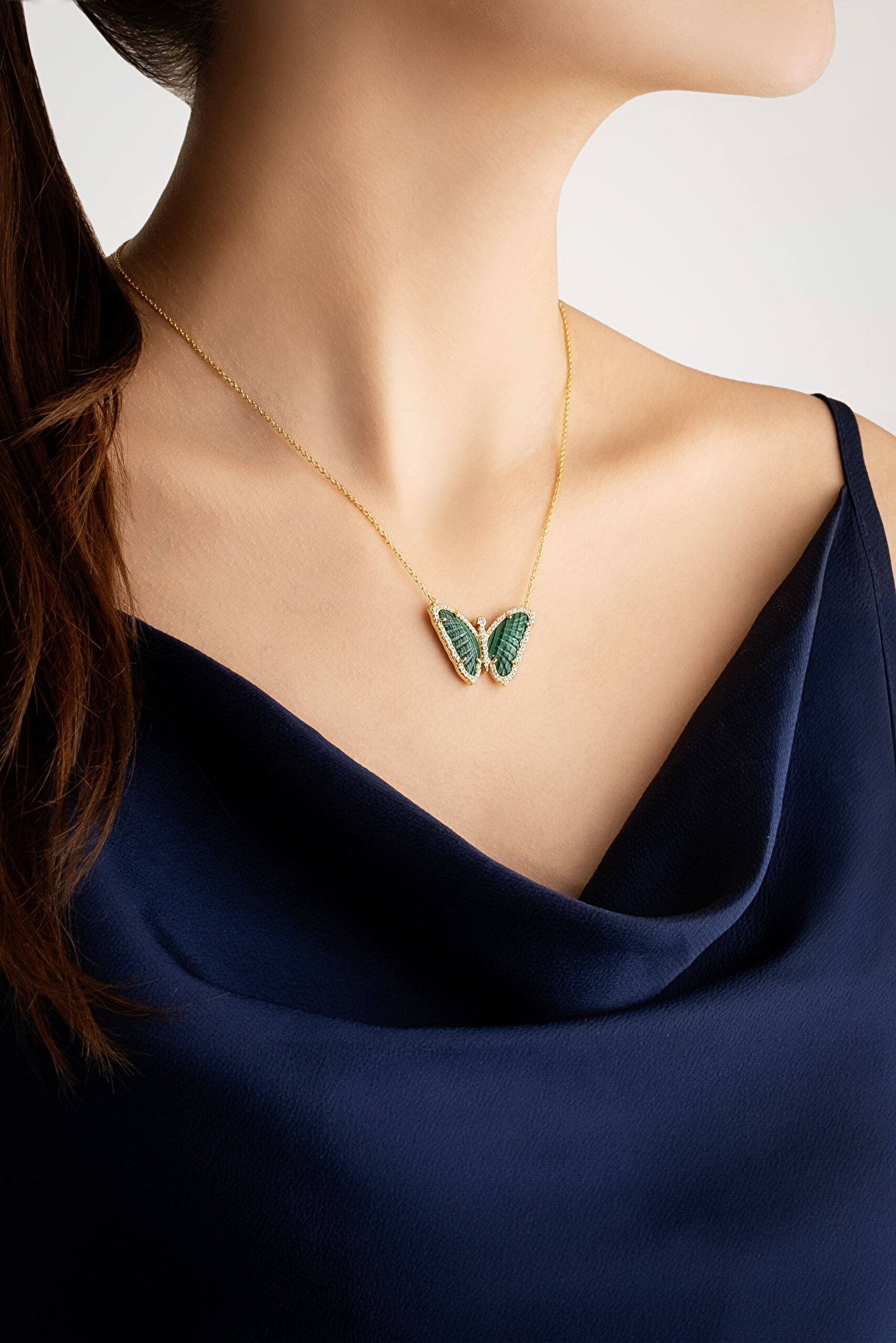 ⁠ Malahit Kelebeği 18 Ayar Sarı Altın Kaplama Gümüş Kolye_3}