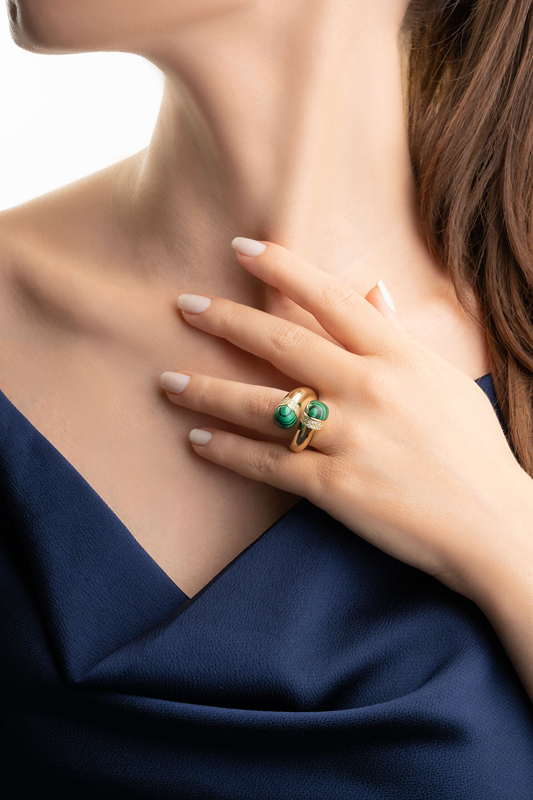 ⁠ Euphoria 18 Ayar Sarı Altın Kaplama Gümüş Malahit Yüzük_1}